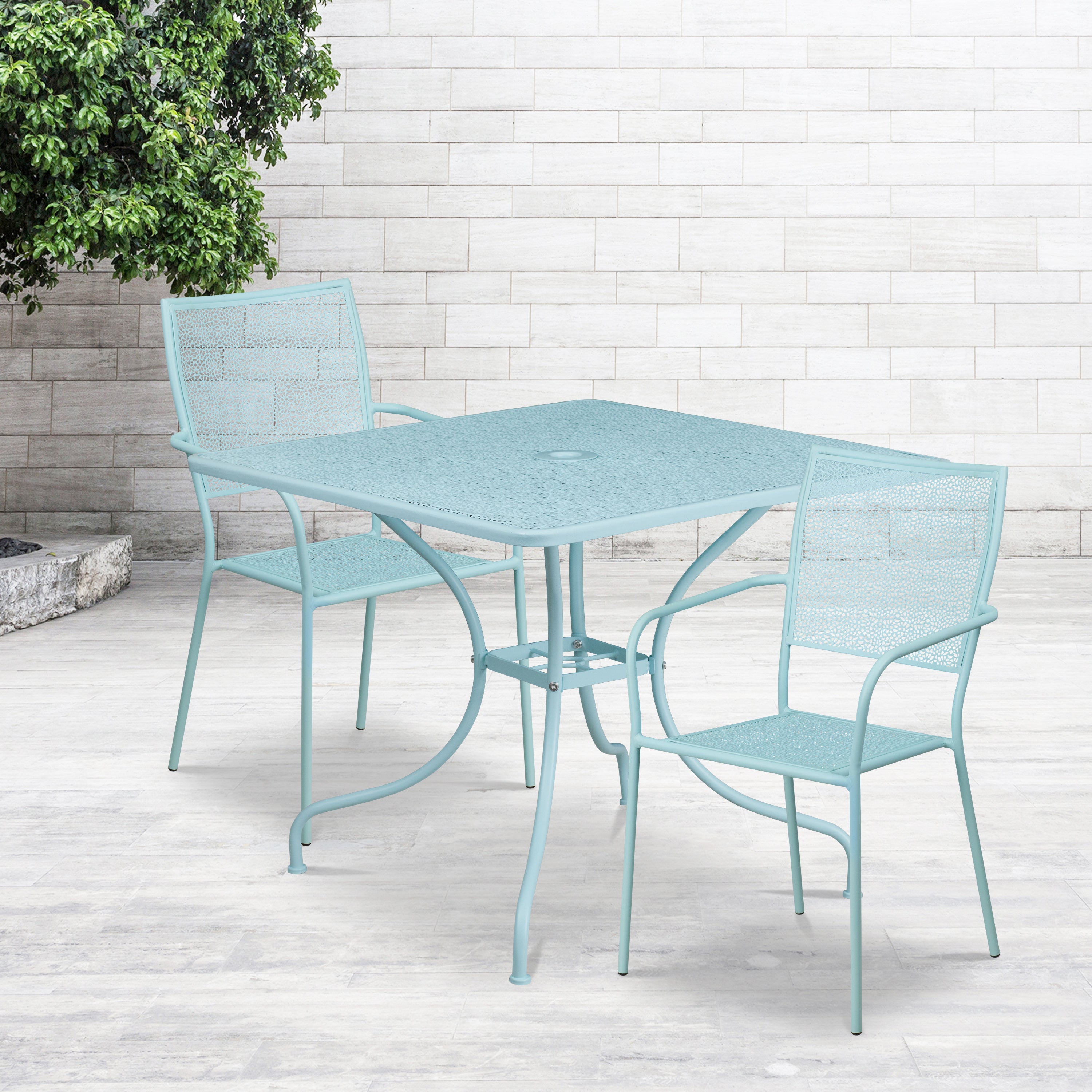 Oia Commercial Grade 35.5" Square Sky Blue Indoor-Outdoor Steel Patio Table Set with 2 Square Back Chairs