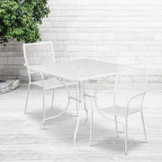 Oia Commercial Grade 35.5" Square White Indoor-Outdoor Steel Patio Table Set with 2 Square Back Chairs