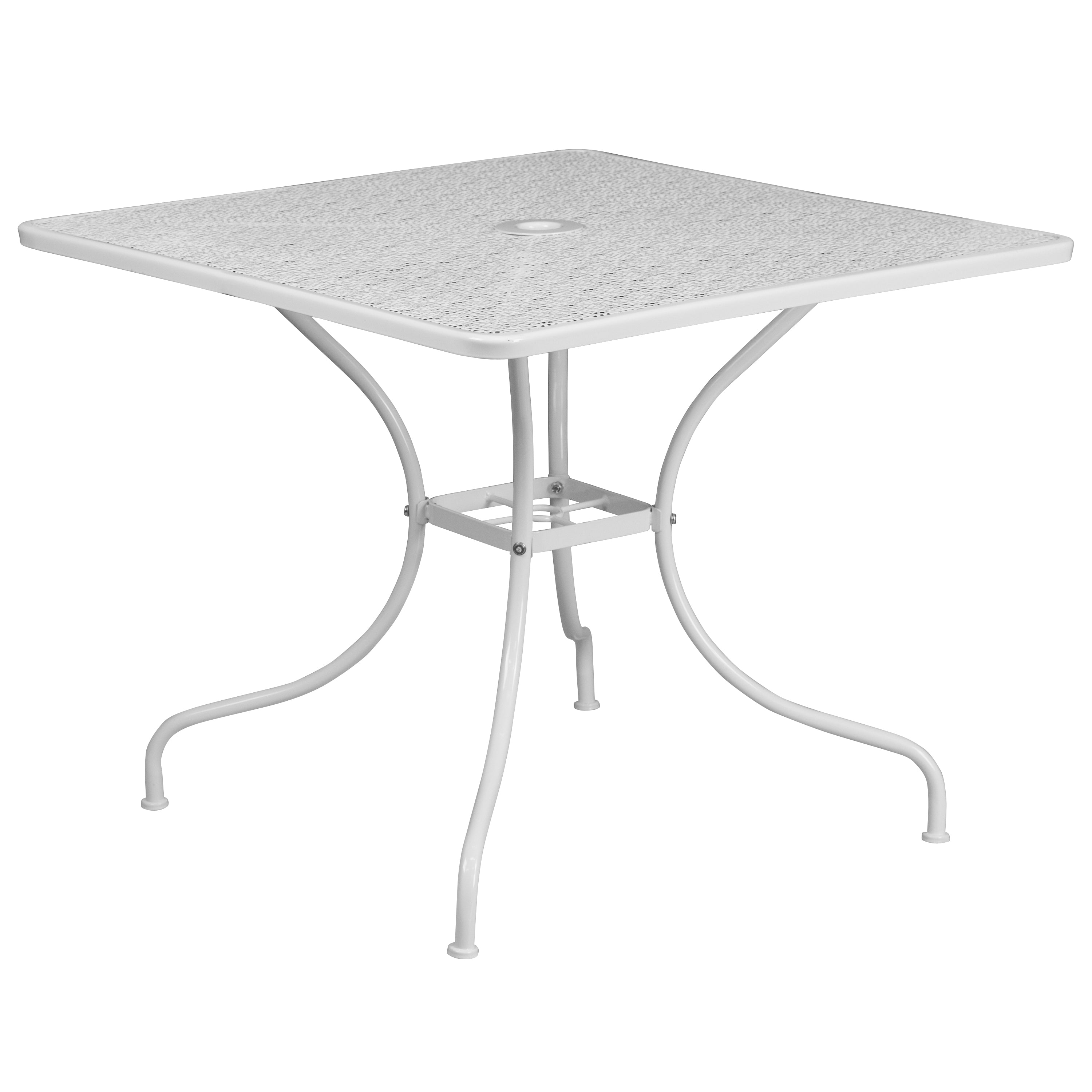 Oia Commercial Grade 35.5" Square White Indoor-Outdoor Steel Patio Table Set with 2 Square Back Chairs