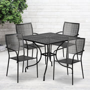Oia Commercial Grade 35.5" Square Black Indoor-Outdoor Steel Patio Table Set with 4 Square Back Chairs