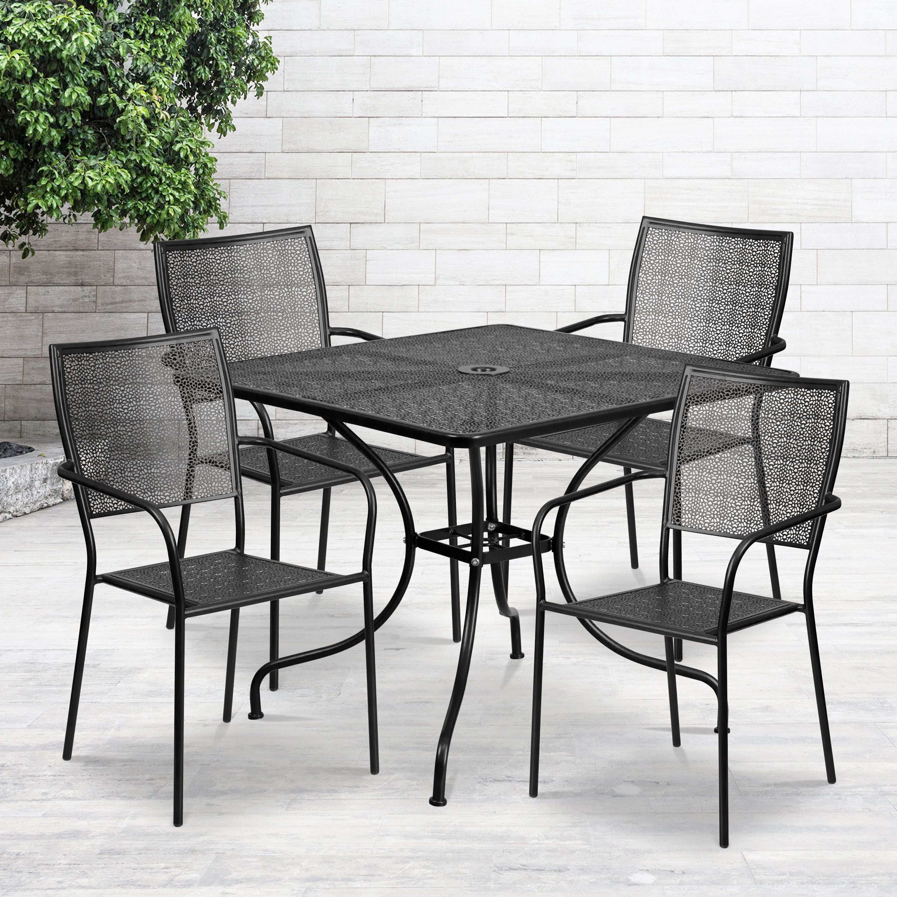 Oia Commercial Grade 35.5" Square Black Indoor-Outdoor Steel Patio Table Set with 4 Square Back Chairs