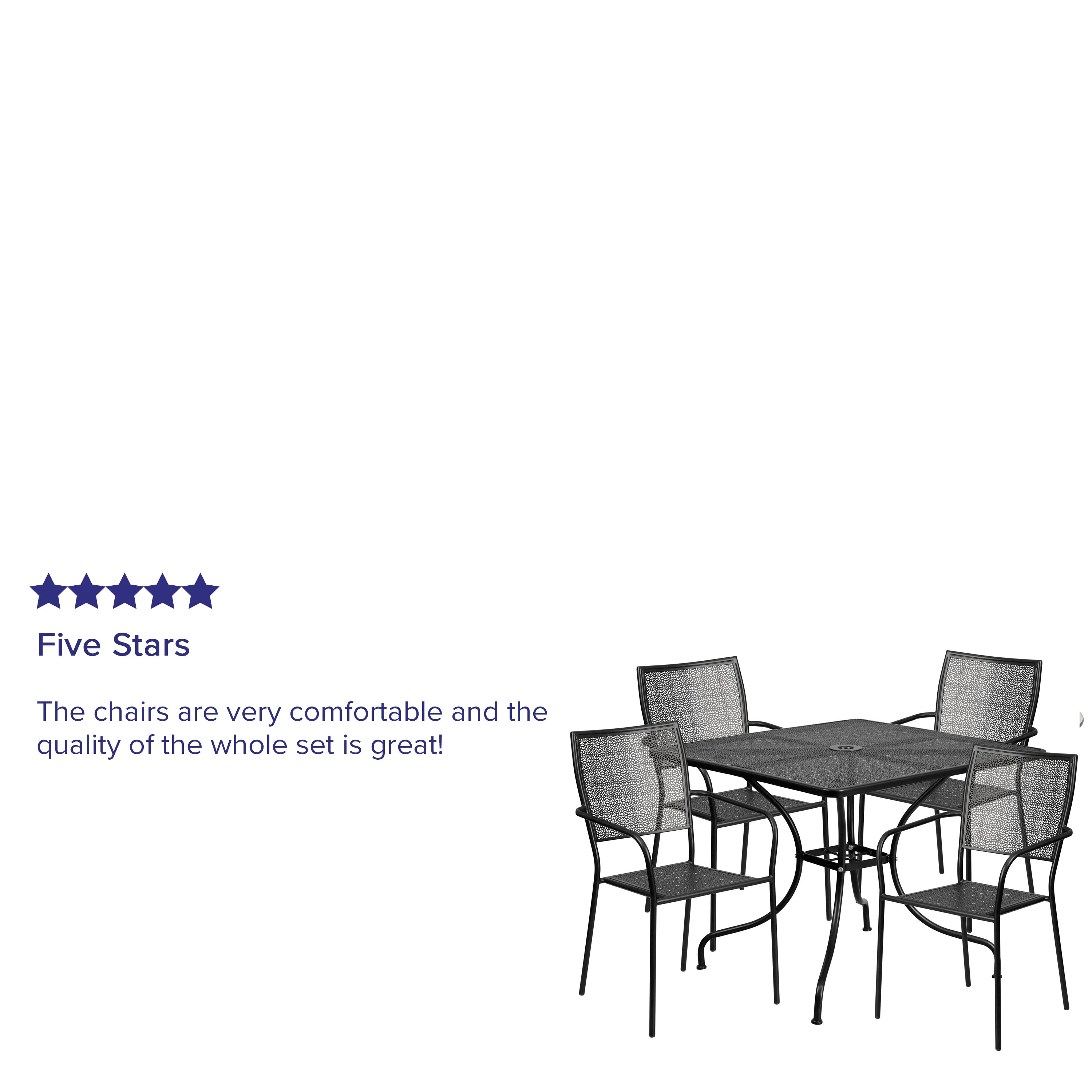 Oia Commercial Grade 35.5" Square Black Indoor-Outdoor Steel Patio Table Set with 4 Square Back Chairs