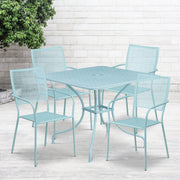 Oia Commercial Grade 35.5" Square Sky Blue Indoor-Outdoor Steel Patio Table Set with 4 Square Back Chairs