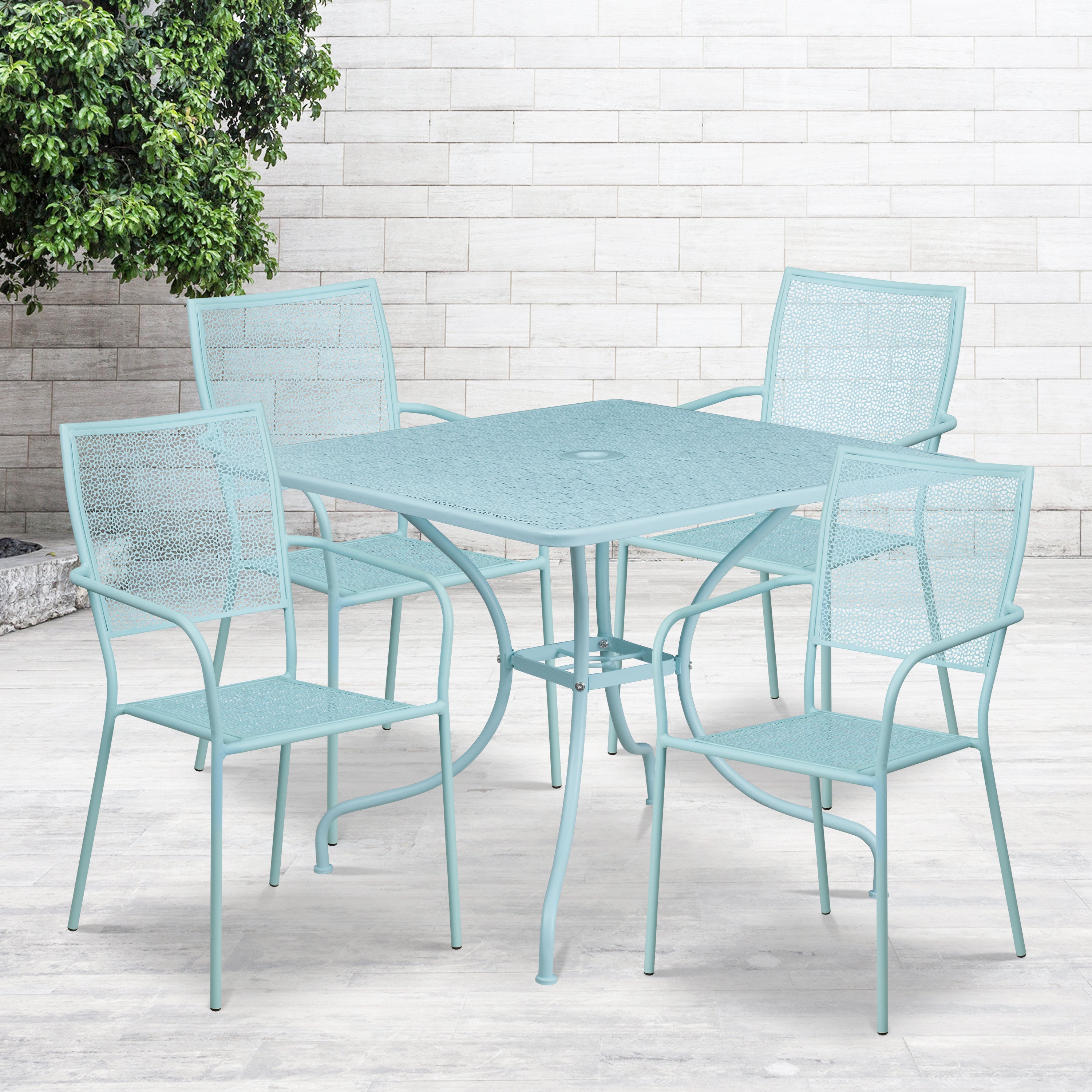 Oia Commercial Grade 35.5" Square Sky Blue Indoor-Outdoor Steel Patio Table Set with 4 Square Back Chairs
