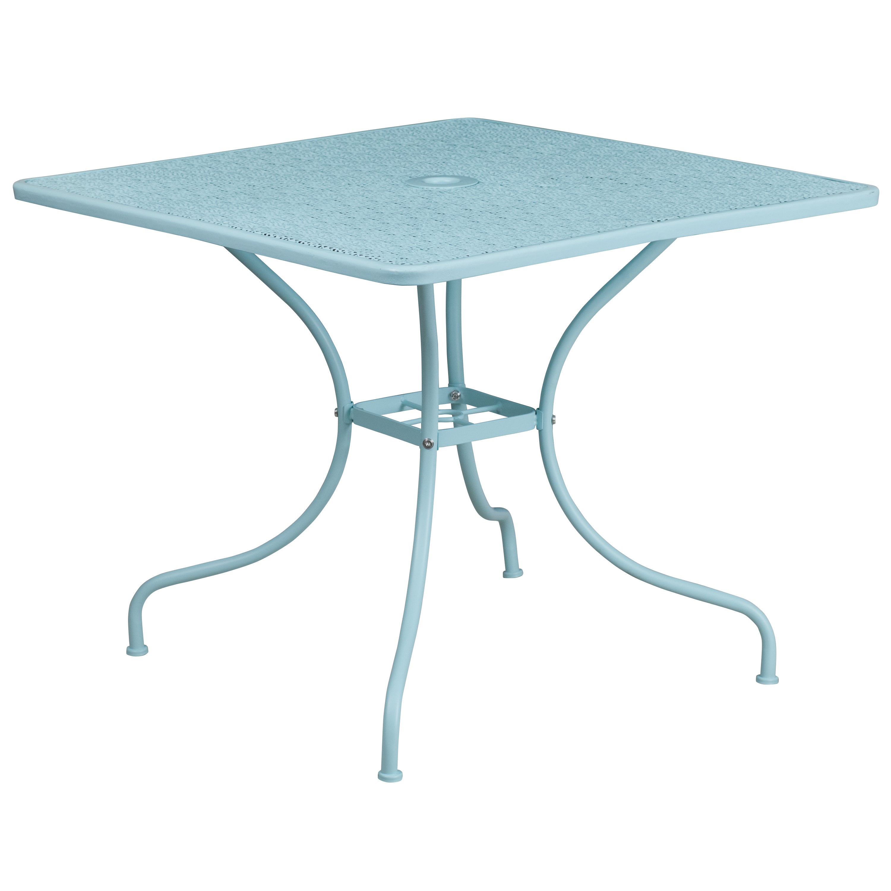 Oia Commercial Grade 35.5" Square Sky Blue Indoor-Outdoor Steel Patio Table Set with 4 Square Back Chairs
