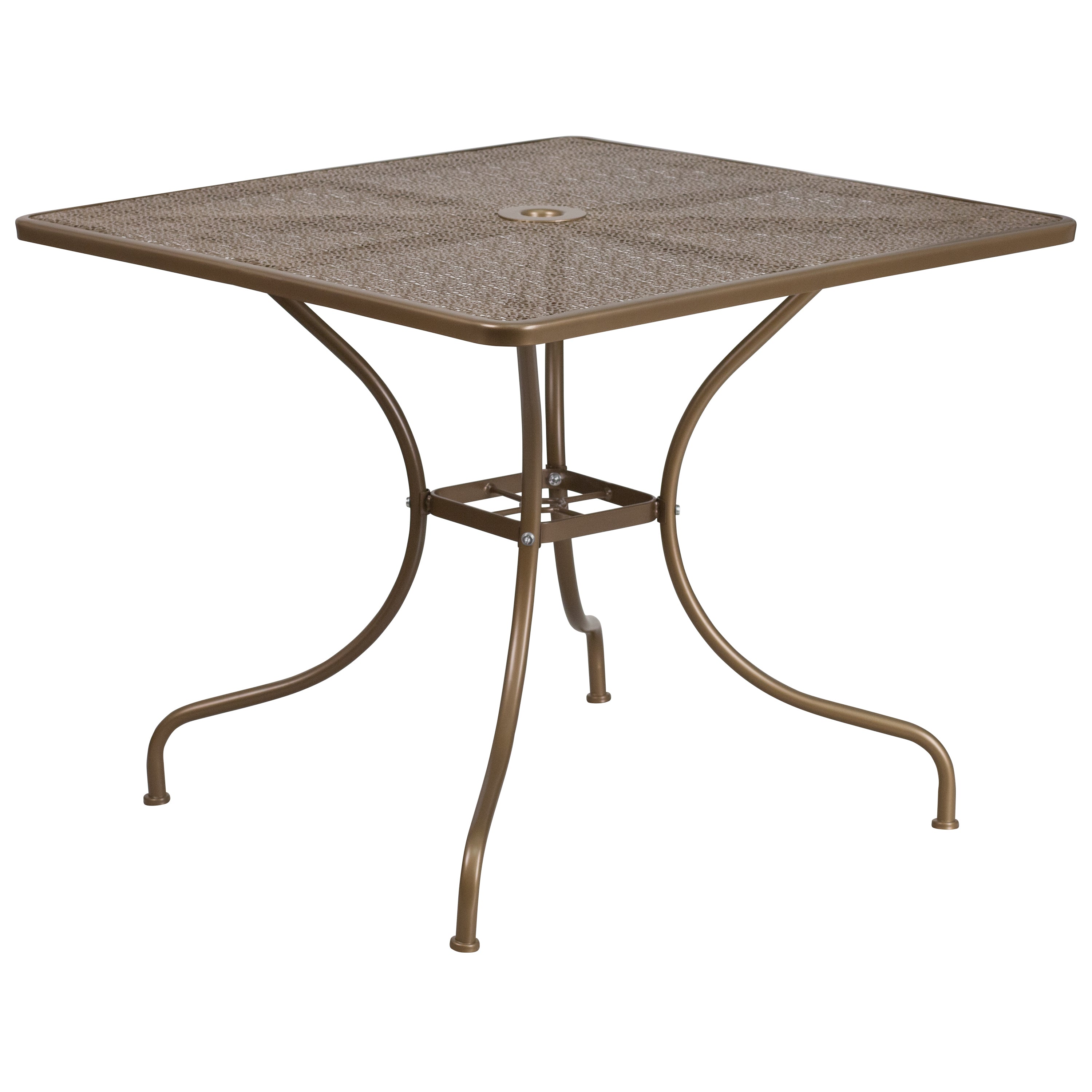 Oia Commercial Grade 35.5" Square Gold Indoor-Outdoor Steel Patio Table Set with 2 Round Back Chairs