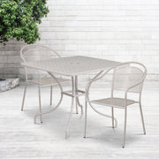 Oia Commercial Grade 35.5" Square Light Gray Indoor-Outdoor Steel Patio Table Set with 2 Round Back Chairs