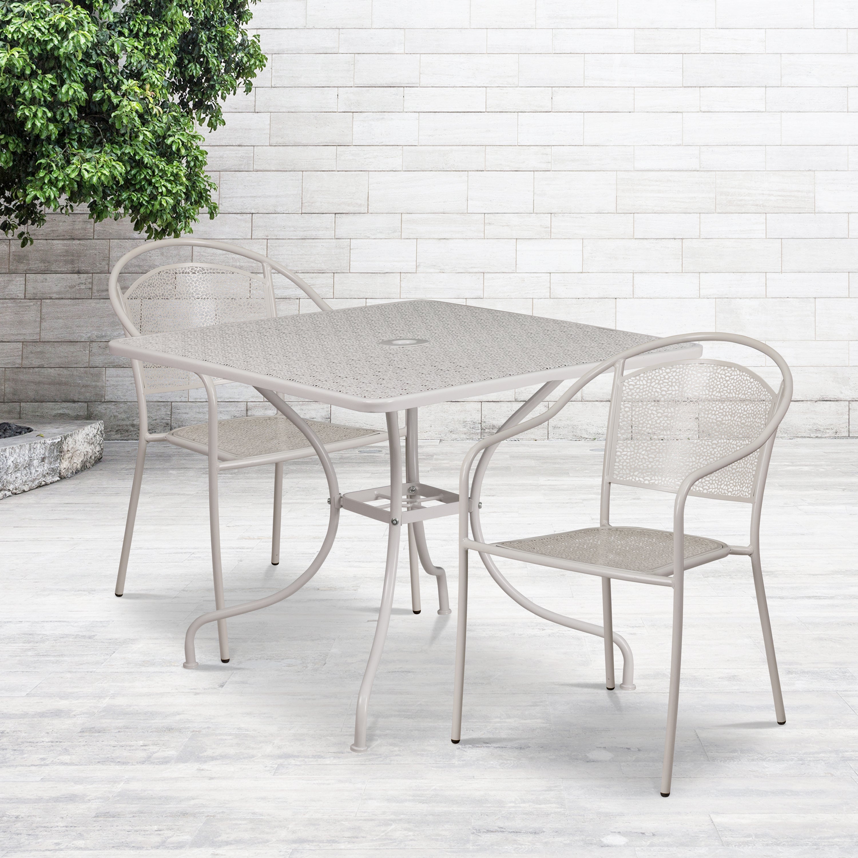 Oia Commercial Grade 35.5" Square Light Gray Indoor-Outdoor Steel Patio Table Set with 2 Round Back Chairs