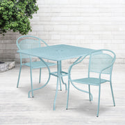 Oia Commercial Grade 35.5" Square Sky Blue Indoor-Outdoor Steel Patio Table Set with 2 Round Back Chairs