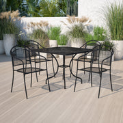 Oia Commercial Grade 35.5" Square Black Indoor-Outdoor Steel Patio Table Set with 4 Round Back Chairs