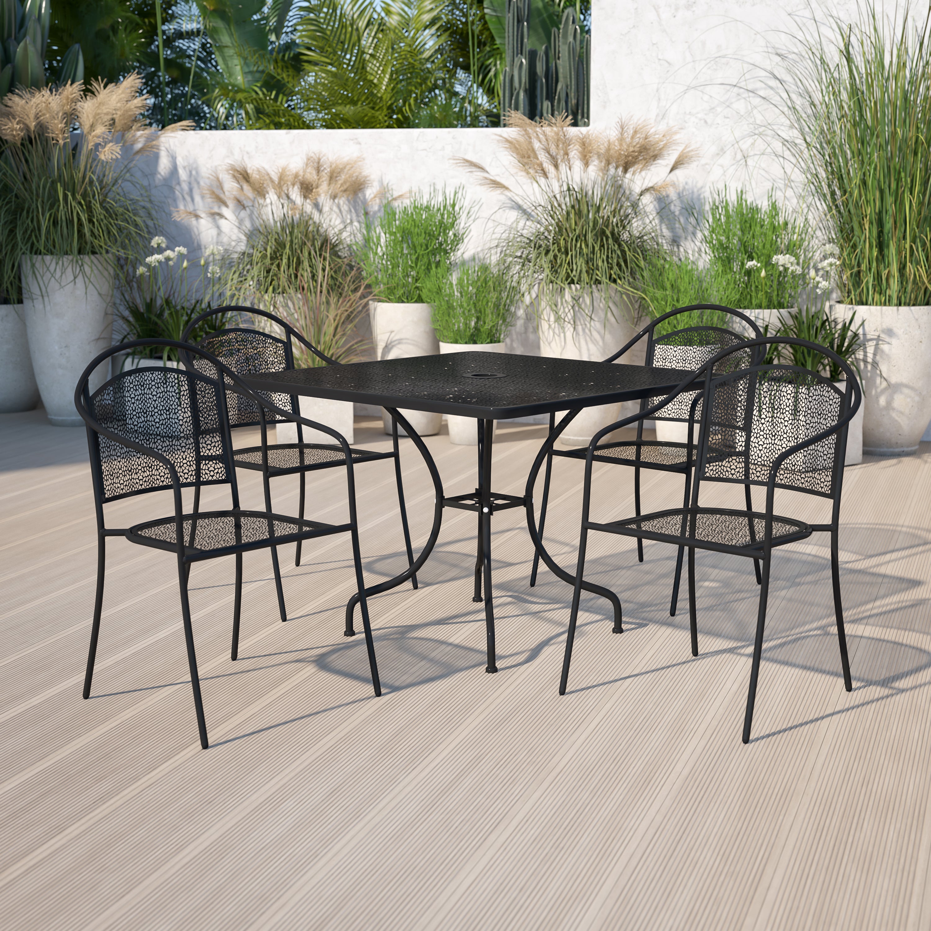 Oia Commercial Grade 35.5" Square Black Indoor-Outdoor Steel Patio Table Set with 4 Round Back Chairs