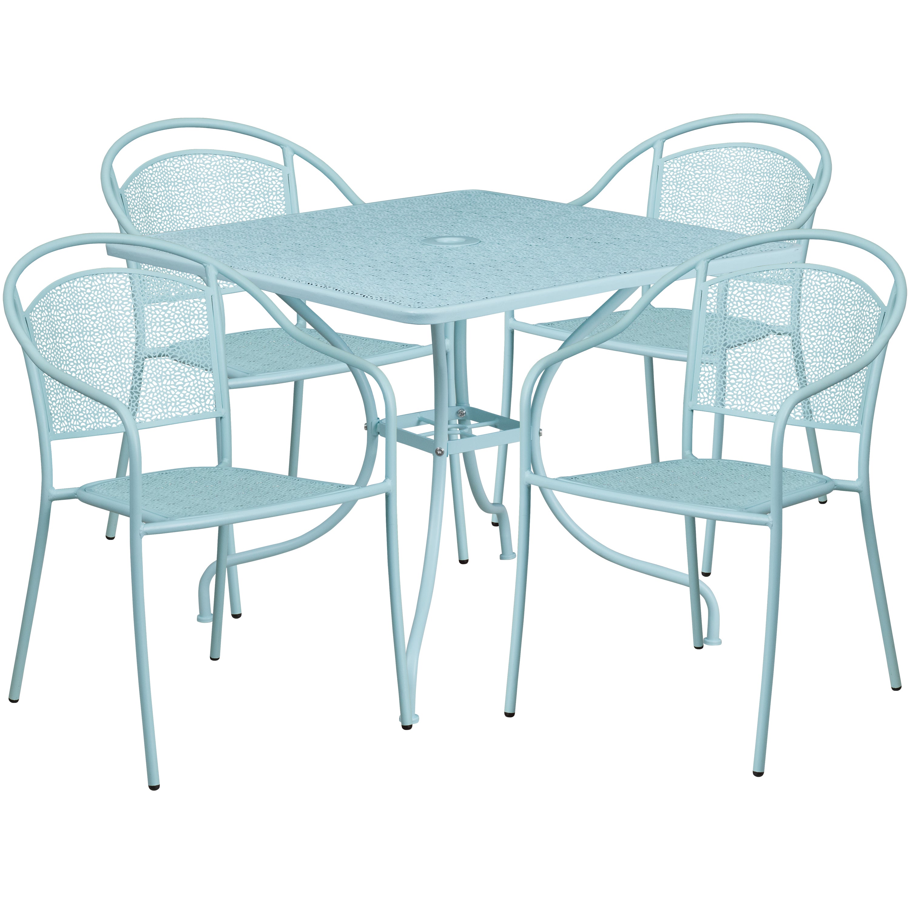 Oia Commercial Grade 35.5" Square Sky Blue Indoor-Outdoor Steel Patio Table Set with 4 Round Back Chairs