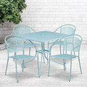 Oia Commercial Grade 35.5" Square Sky Blue Indoor-Outdoor Steel Patio Table Set with 4 Round Back Chairs