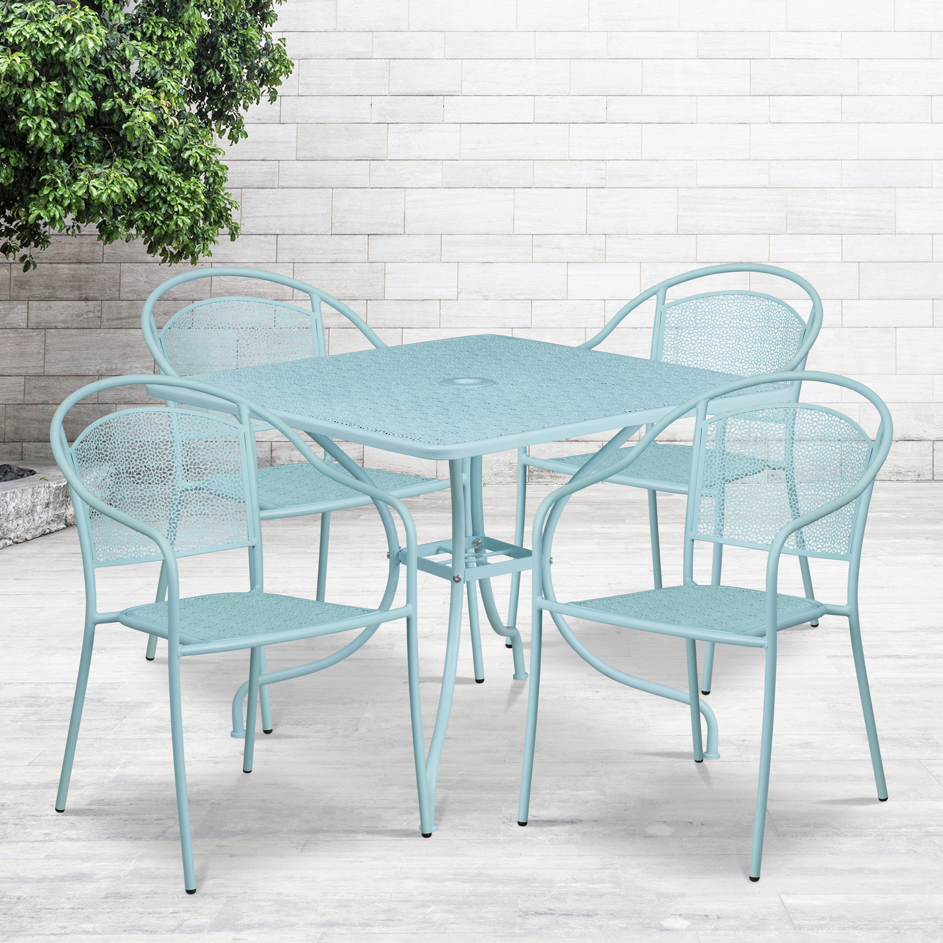 Oia Commercial Grade 35.5" Square Sky Blue Indoor-Outdoor Steel Patio Table Set with 4 Round Back Chairs