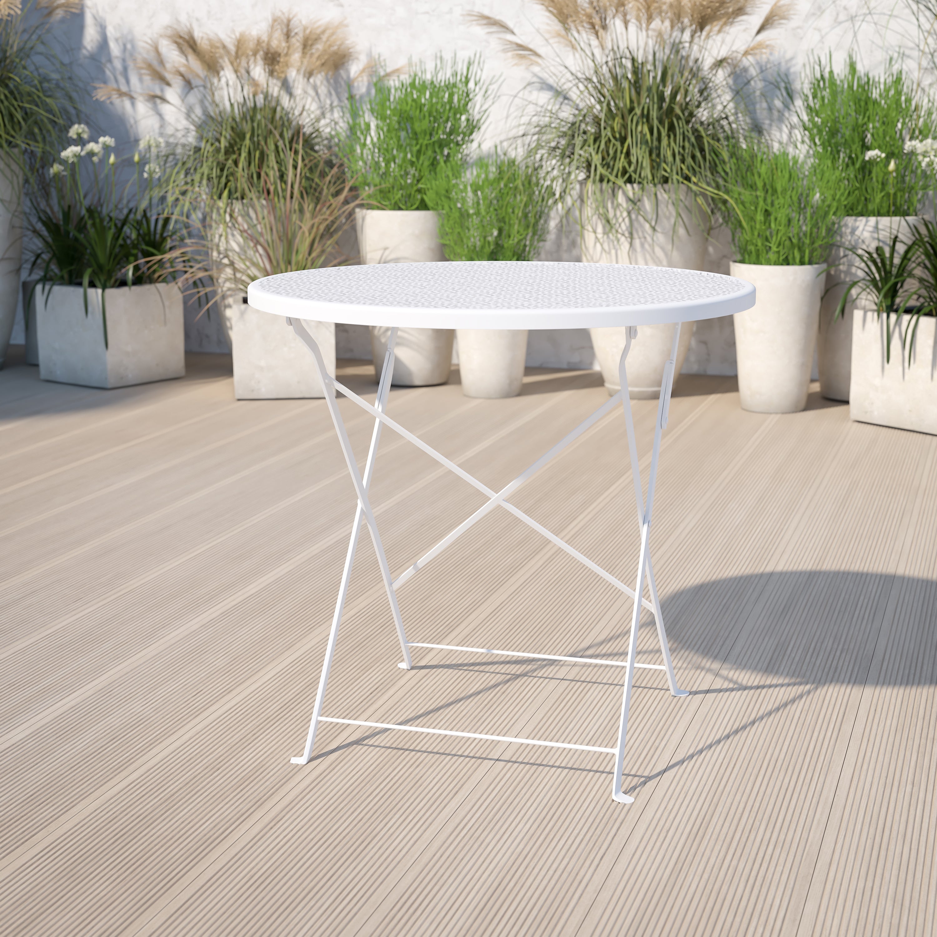 Oia Commercial Grade 30" Round White Indoor-Outdoor Steel Folding Patio Table