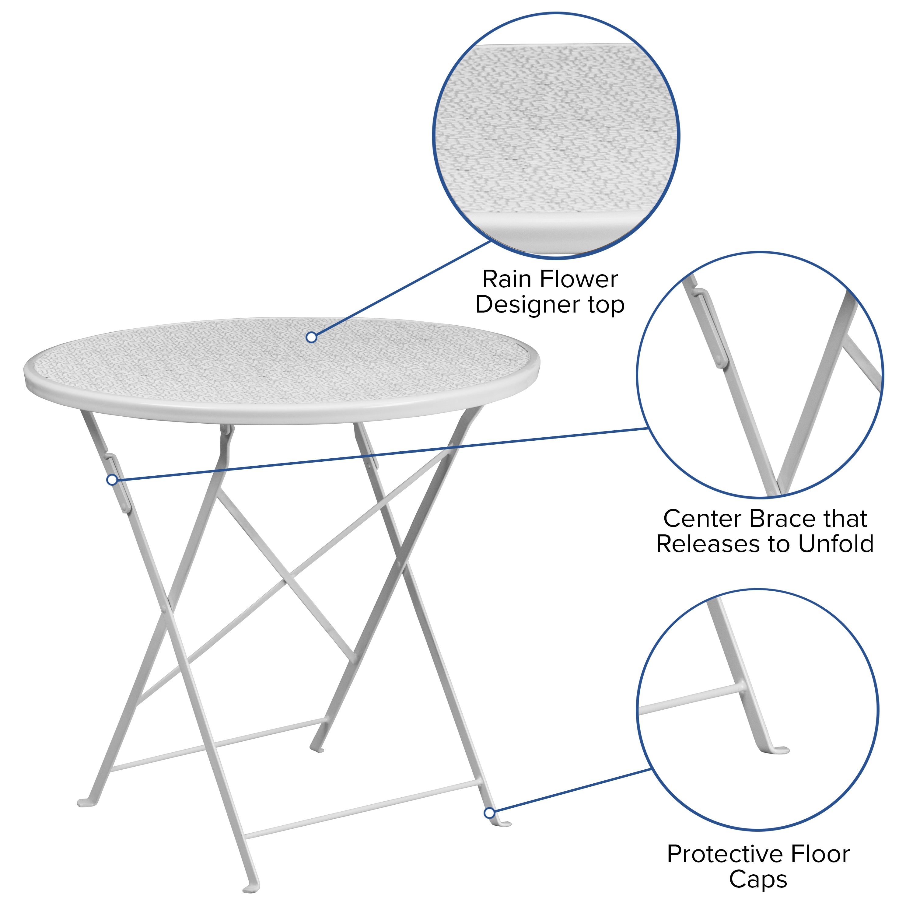 Oia Commercial Grade 30" Round White Indoor-Outdoor Steel Folding Patio Table