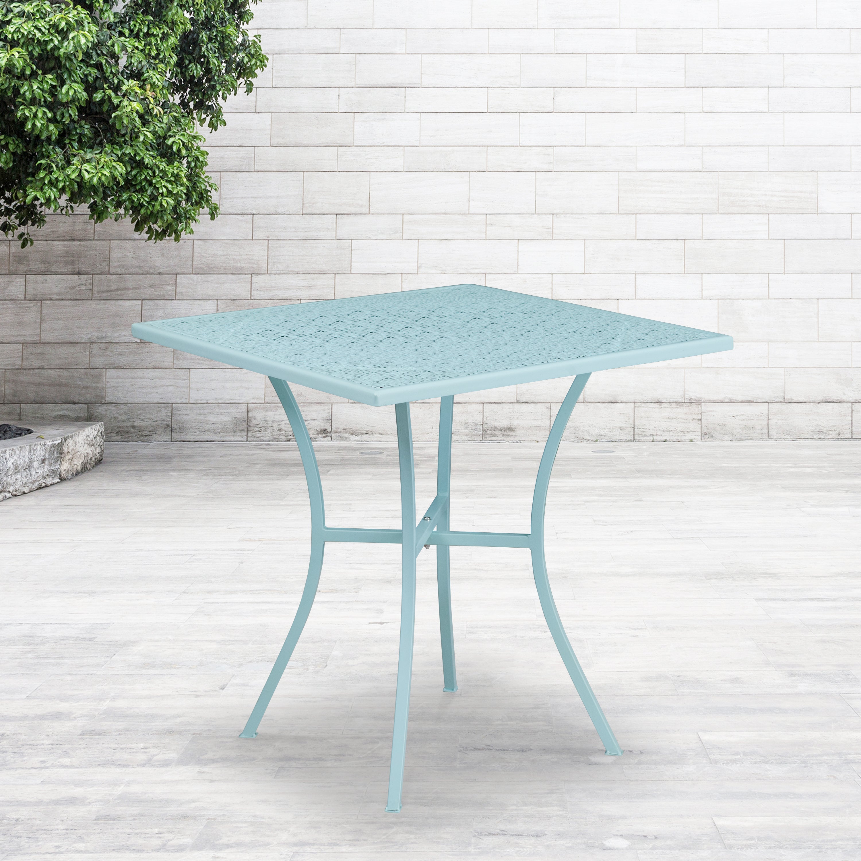 Oia Commercial Grade 28" Square Sky Blue Indoor-Outdoor Steel Patio Table