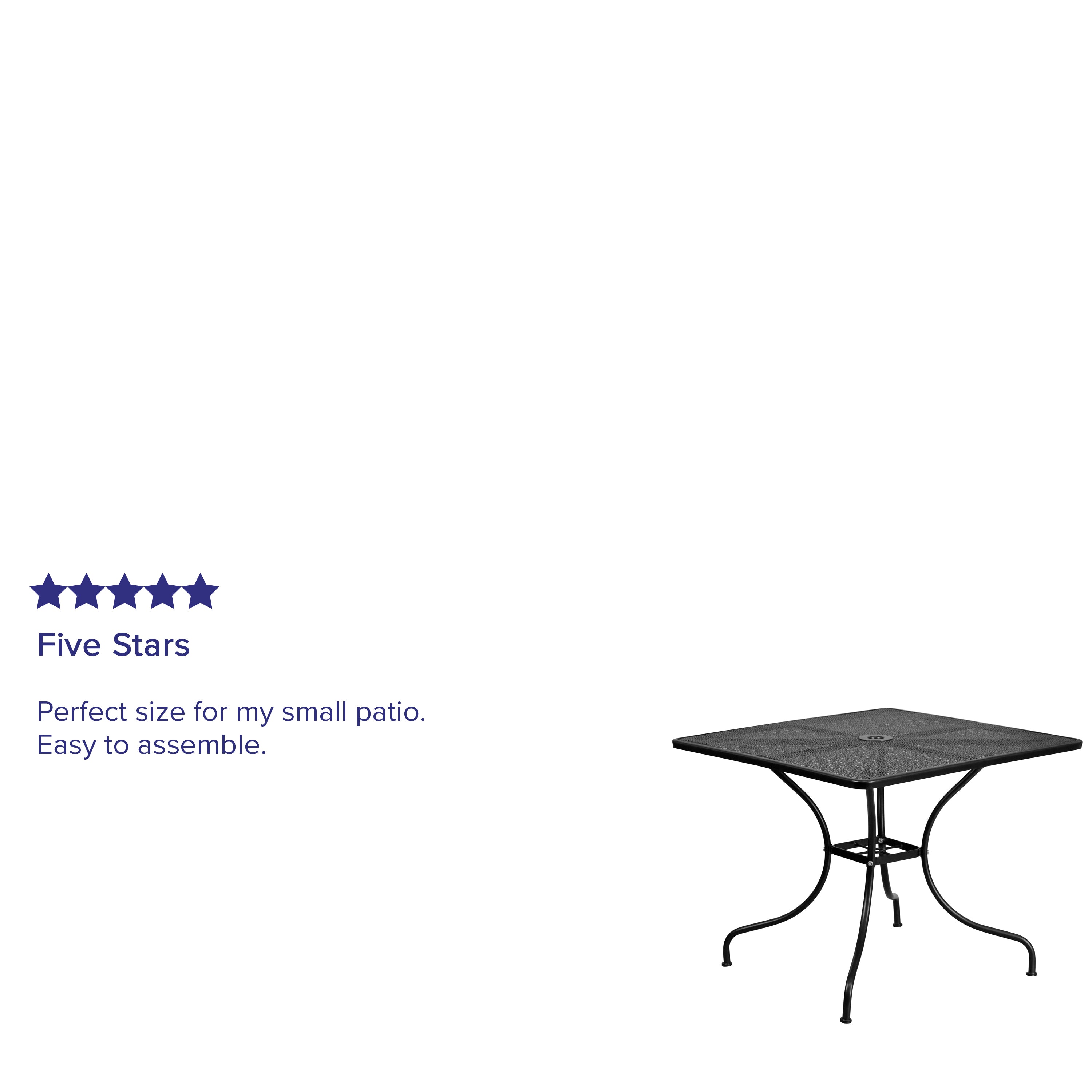 Oia Commercial Grade 35.5" Square Black Indoor-Outdoor Steel Patio Table with Umbrella Hole