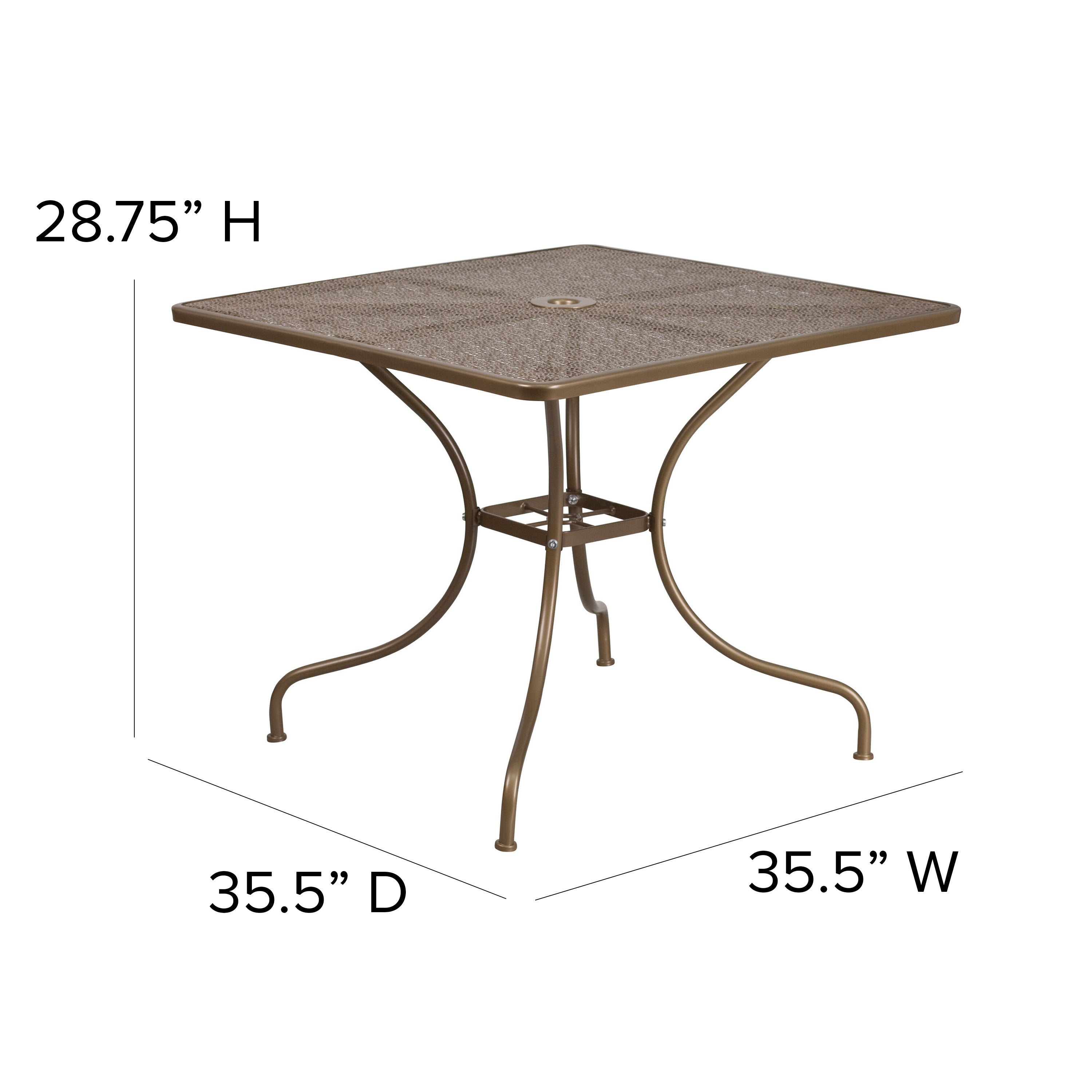 Oia Commercial Grade 35.5" Square Gold Indoor-Outdoor Steel Patio Table with Umbrella Hole