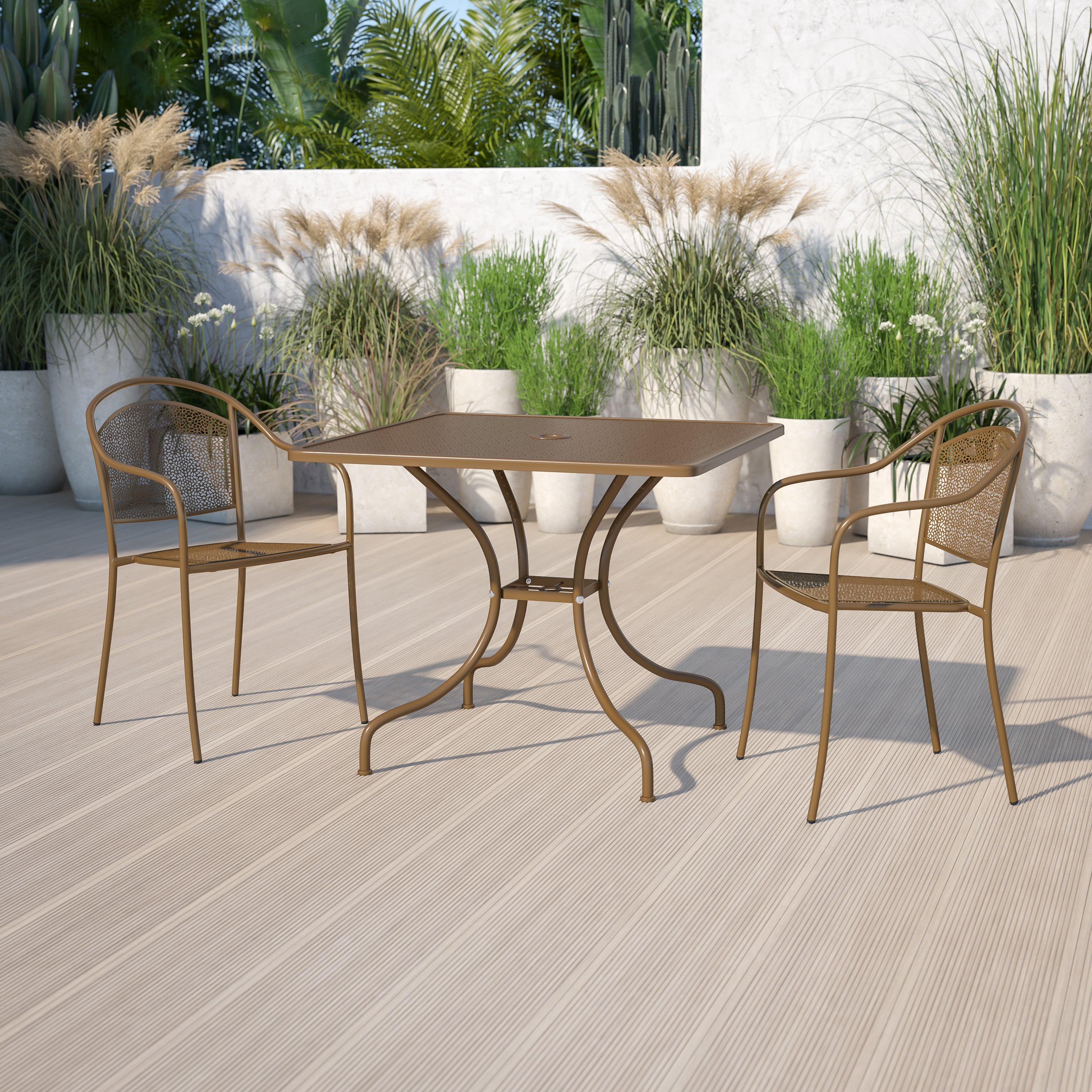 Oia Commercial Grade 35.5" Square Gold Indoor-Outdoor Steel Patio Table with Umbrella Hole