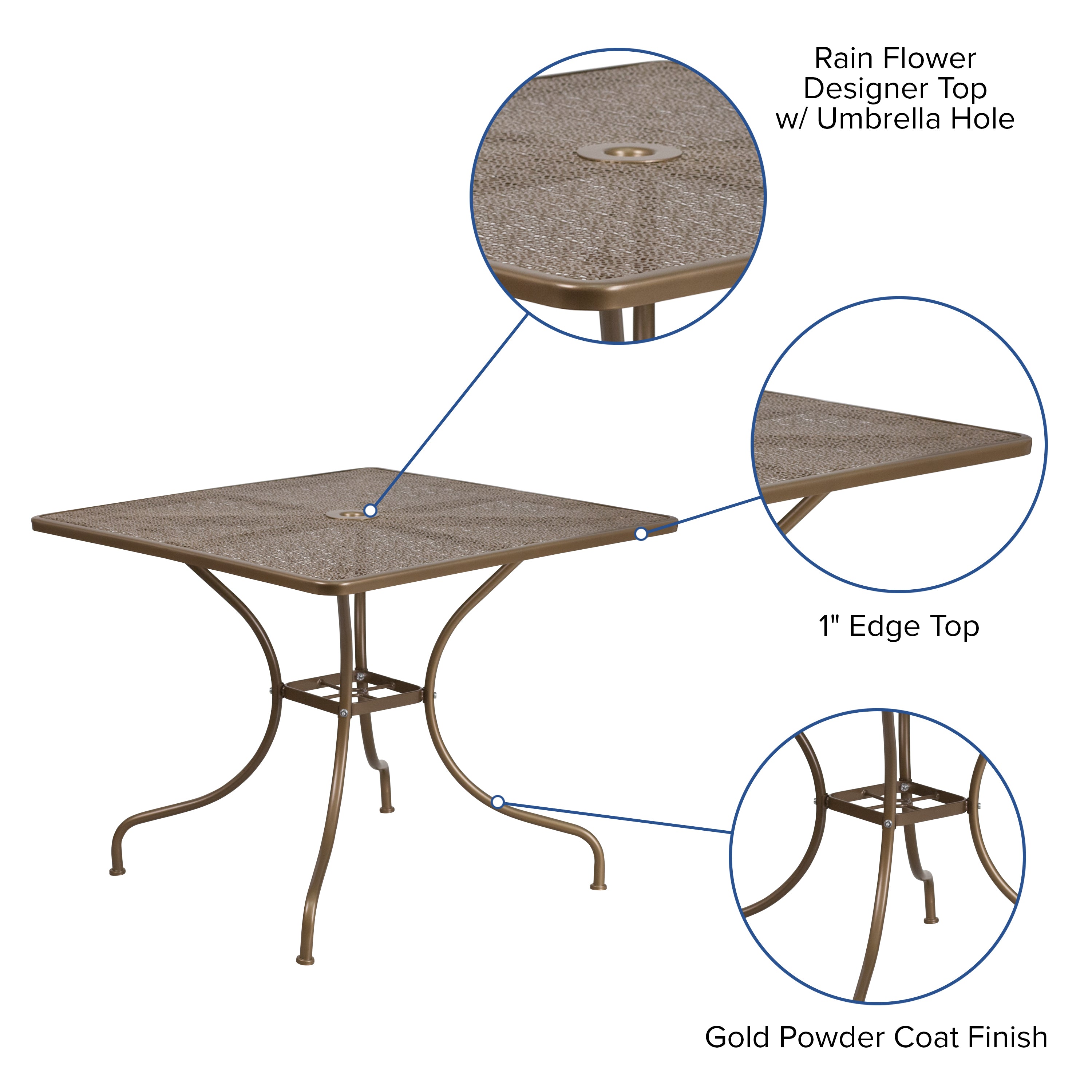 Oia Commercial Grade 35.5" Square Gold Indoor-Outdoor Steel Patio Table with Umbrella Hole
