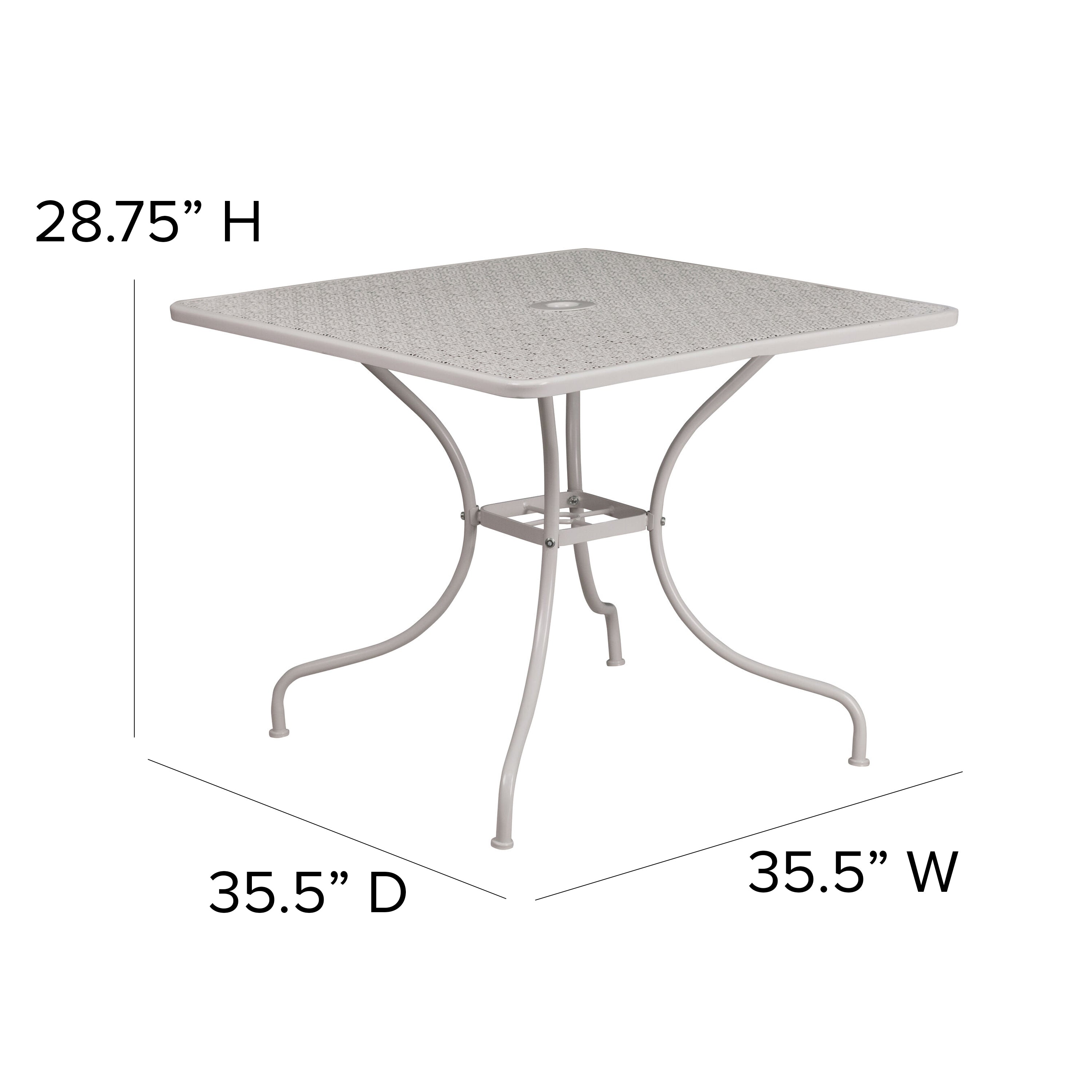 Oia Commercial Grade 35.5" Square Light Gray Indoor-Outdoor Steel Patio Table with Umbrella Hole