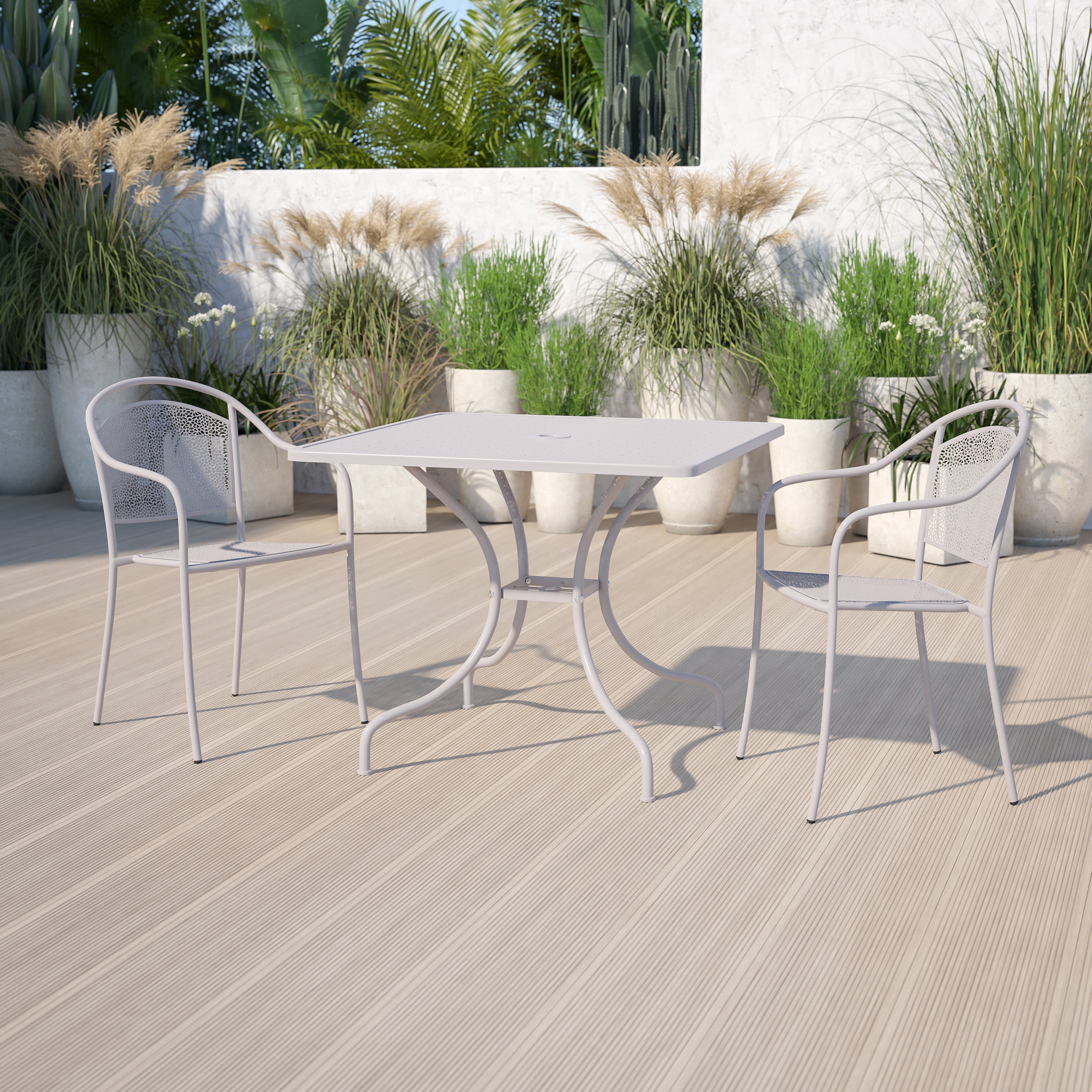 Oia Commercial Grade 35.5" Square Light Gray Indoor-Outdoor Steel Patio Table with Umbrella Hole