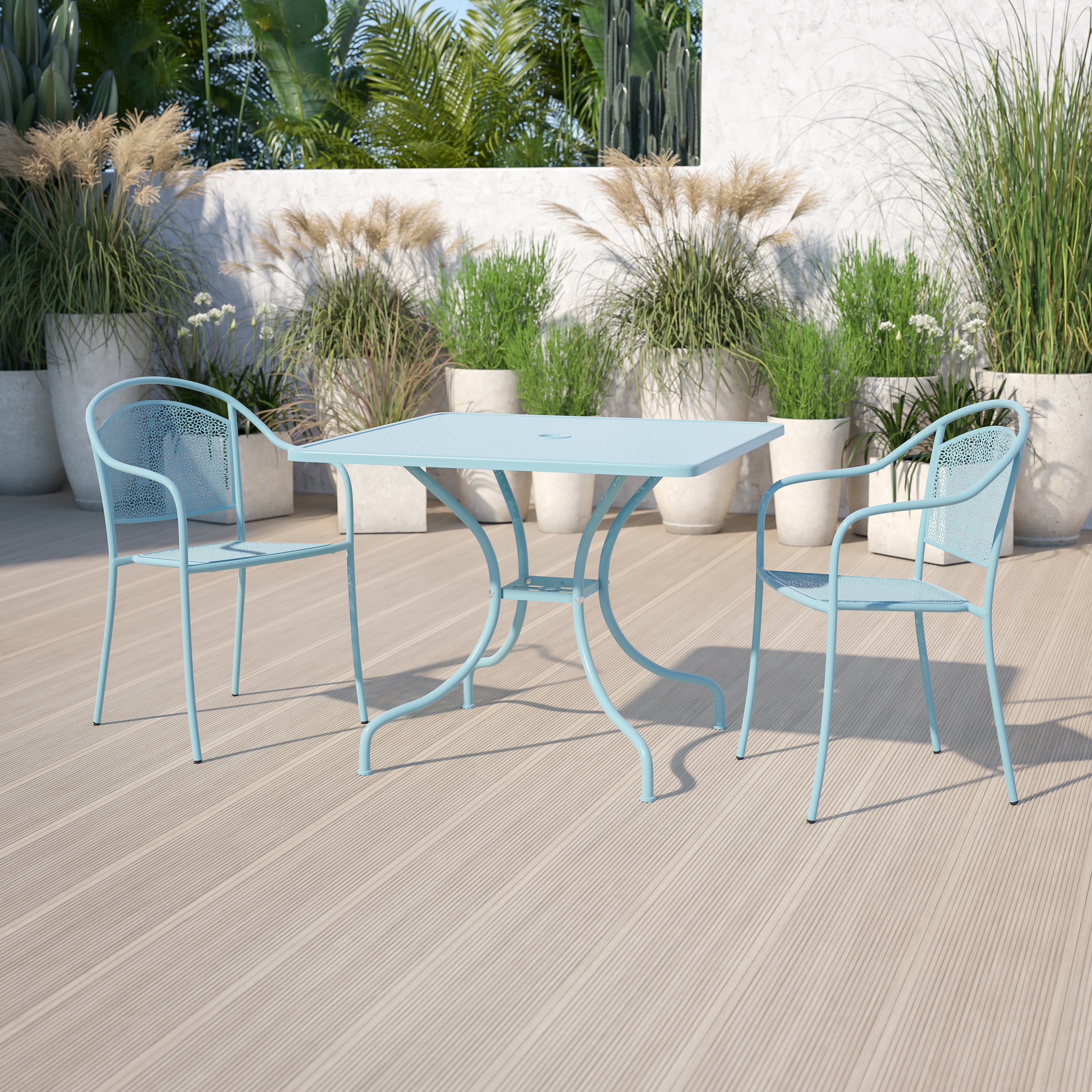 Oia Commercial Grade 35.5" Square Sky Blue Indoor-Outdoor Steel Patio Table with Umbrella Hole