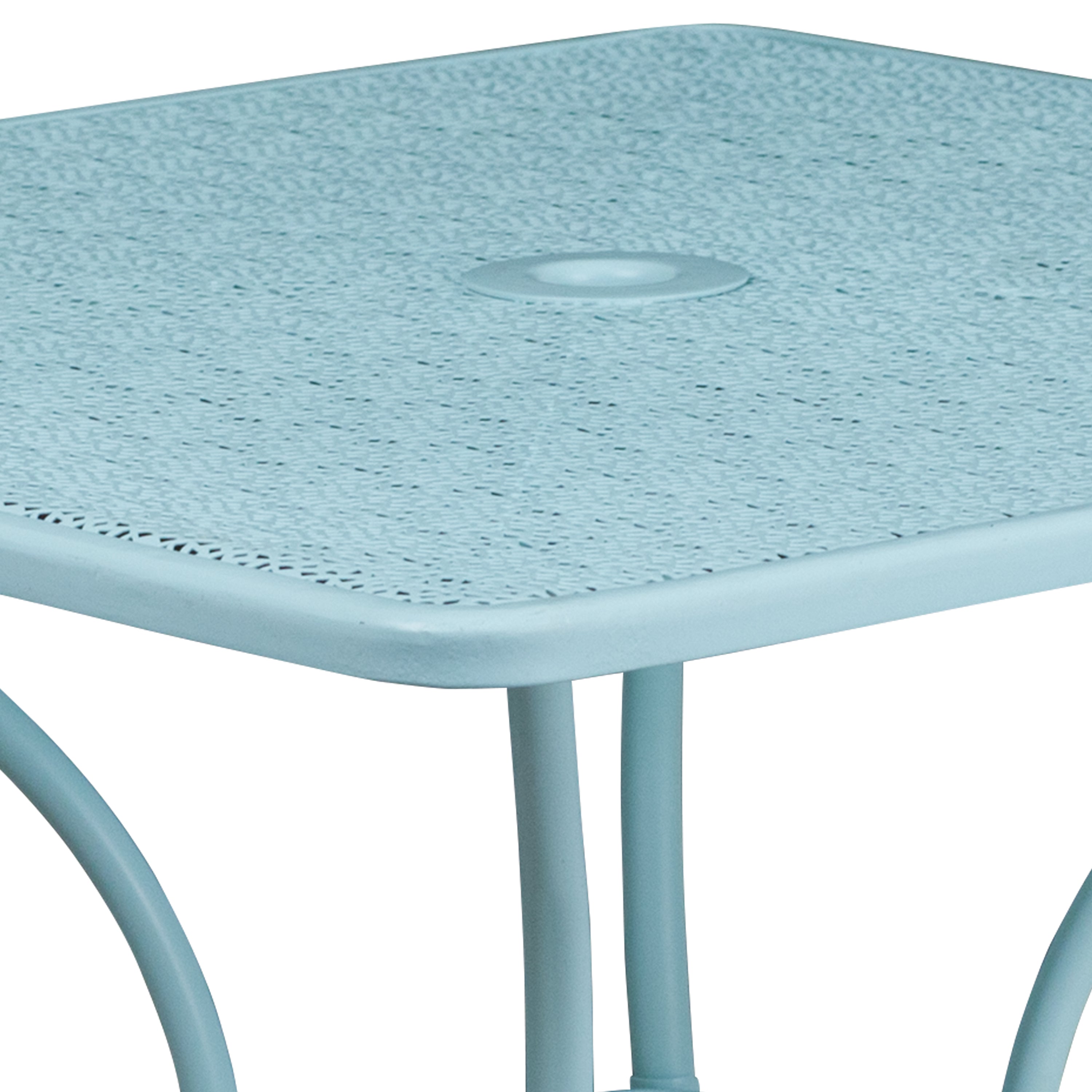 Oia Commercial Grade 35.5" Square Sky Blue Indoor-Outdoor Steel Patio Table with Umbrella Hole