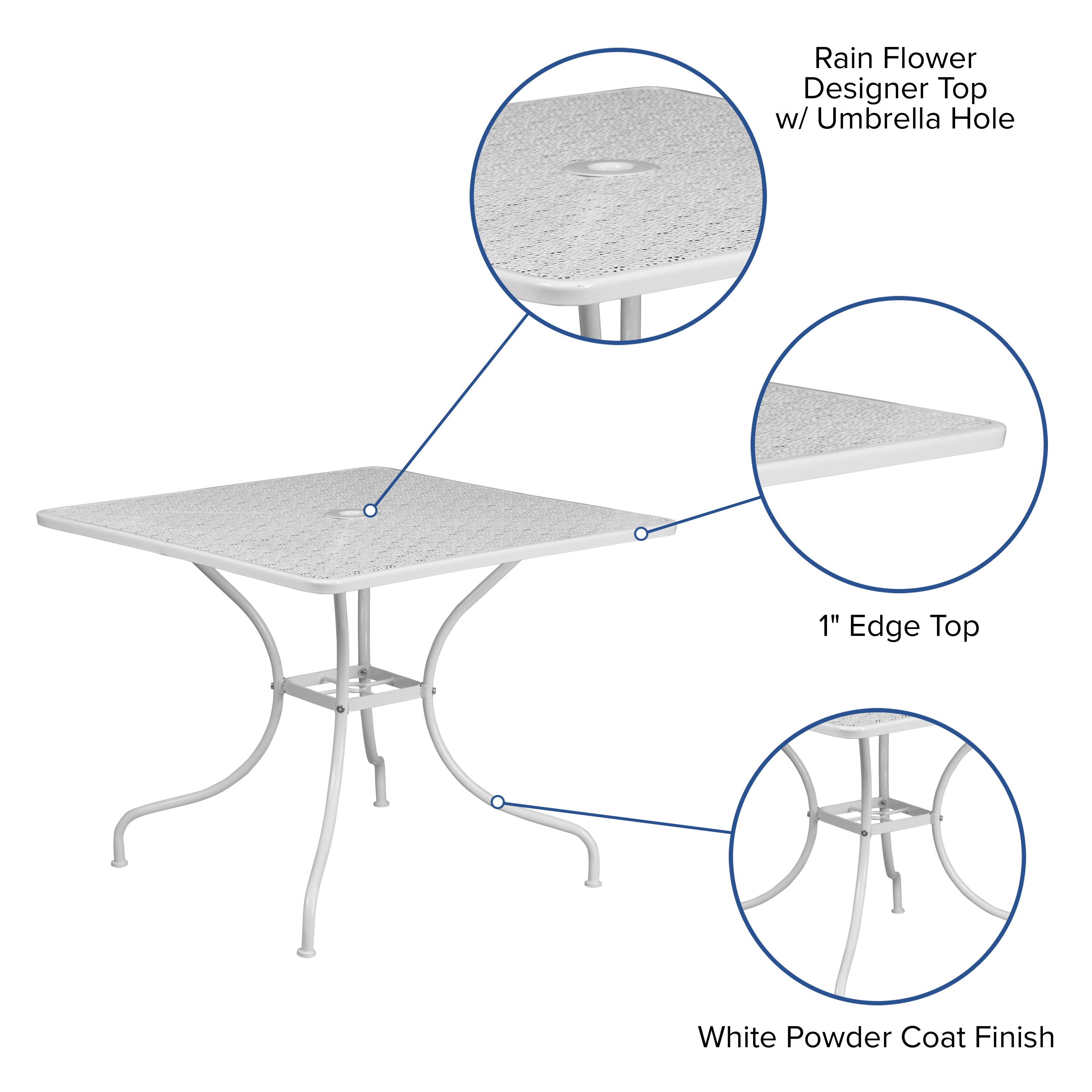 Oia Commercial Grade 35.5" Square White Indoor-Outdoor Steel Patio Table with Umbrella Hole
