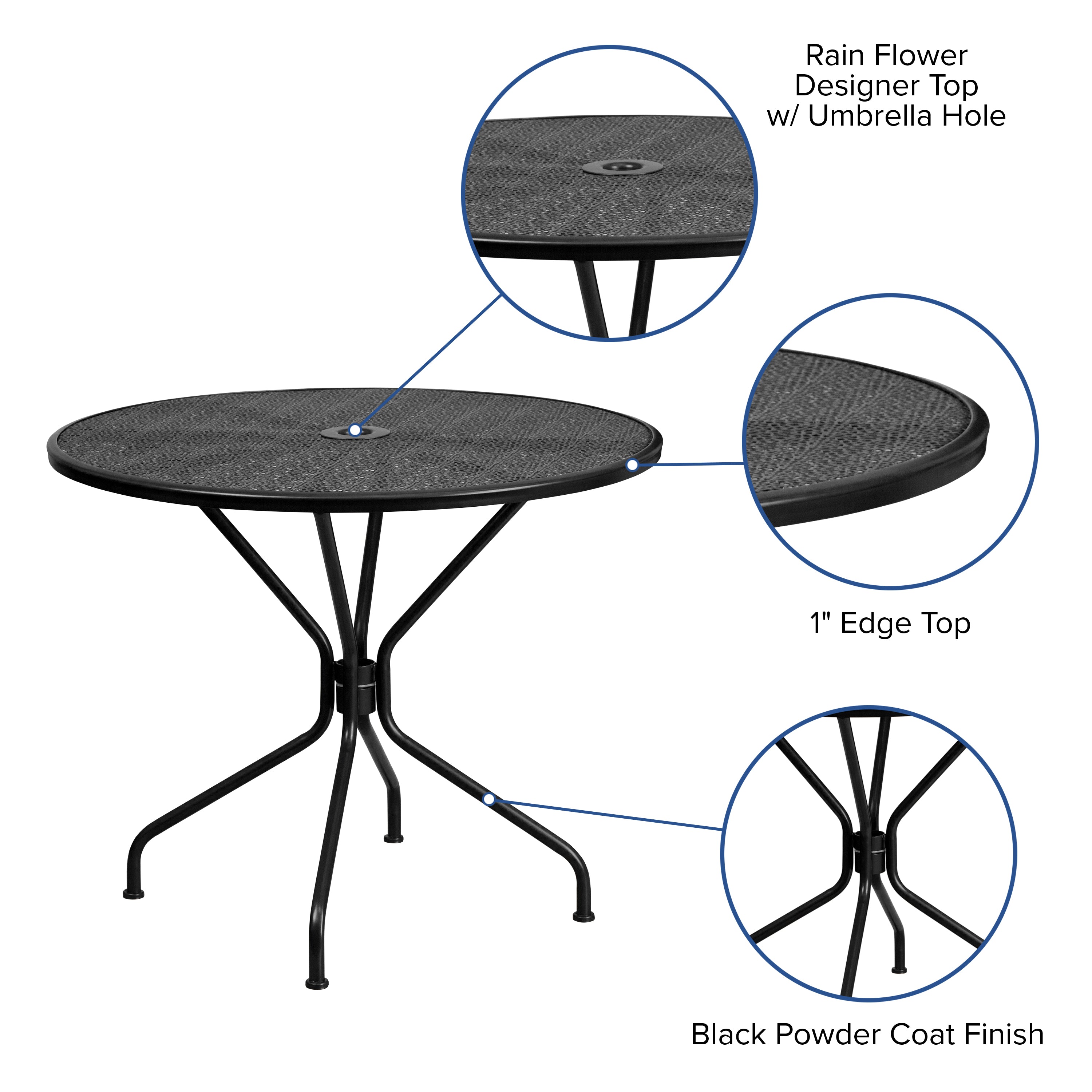 Oia Commercial Grade 35.25" Round Black Indoor-Outdoor Steel Patio Table with Umbrella Hole