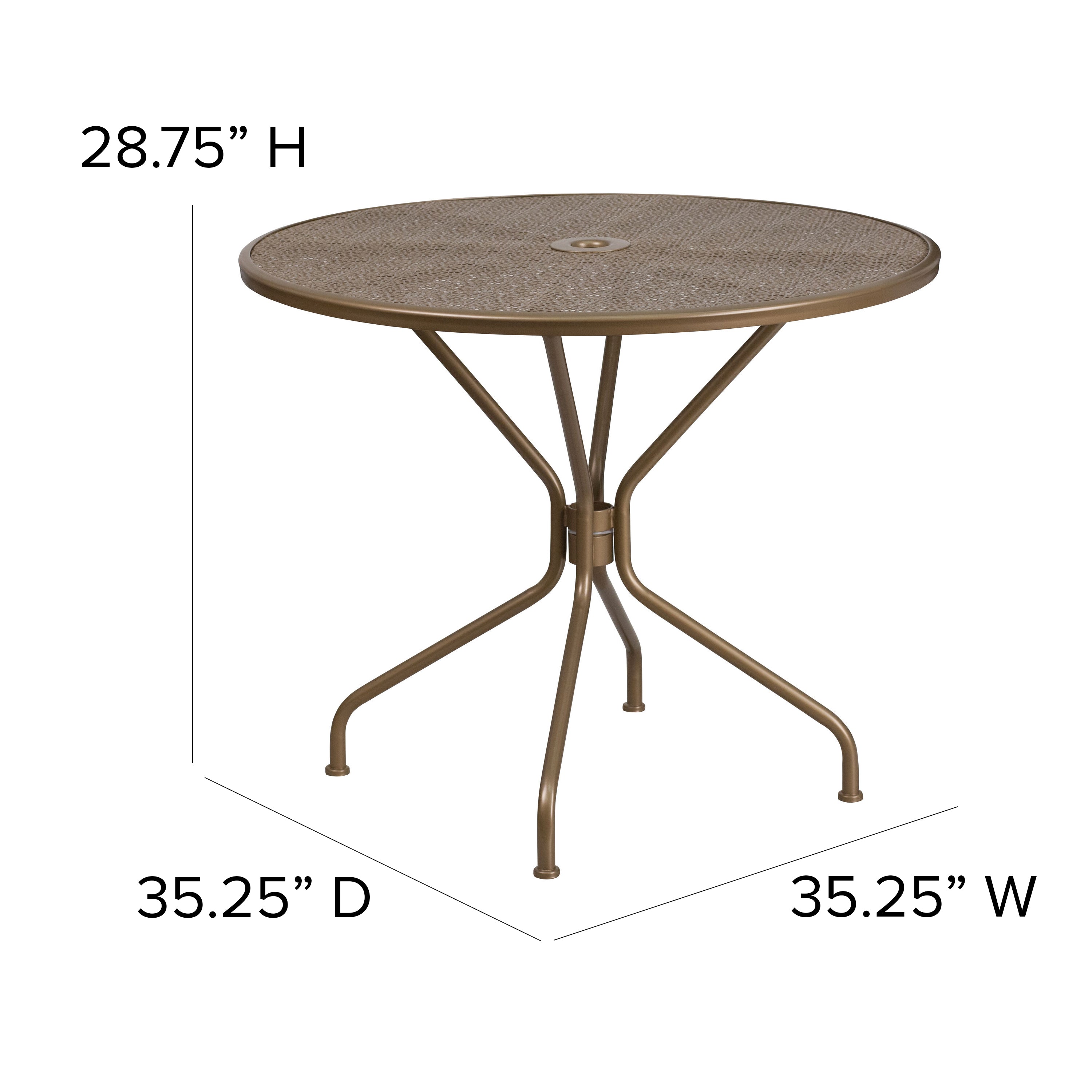 Oia Commercial Grade 35.25" Round Gold Indoor-Outdoor Steel Patio Table with Umbrella Hole