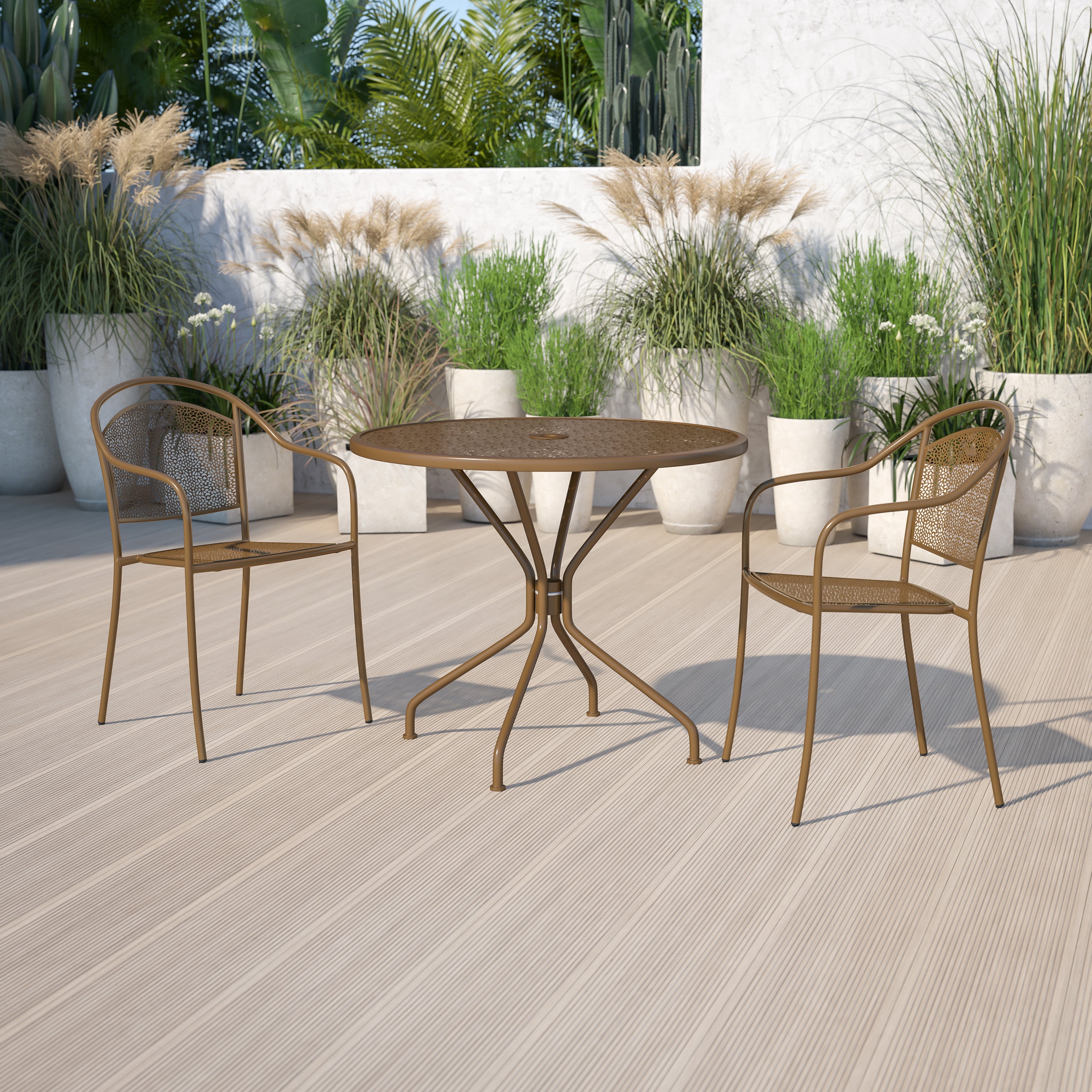 Oia Commercial Grade 35.25" Round Gold Indoor-Outdoor Steel Patio Table with Umbrella Hole