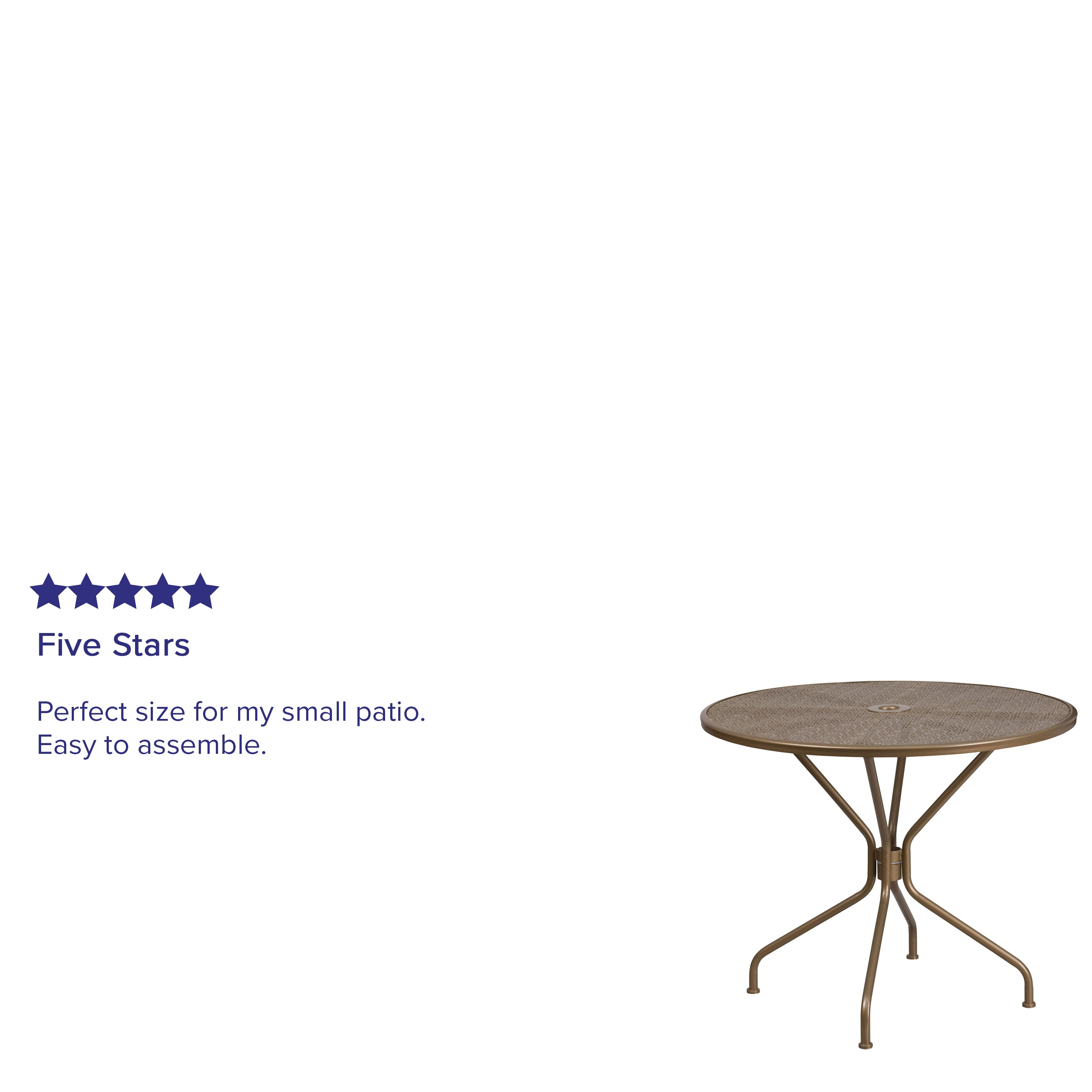 Oia Commercial Grade 35.25" Round Gold Indoor-Outdoor Steel Patio Table with Umbrella Hole