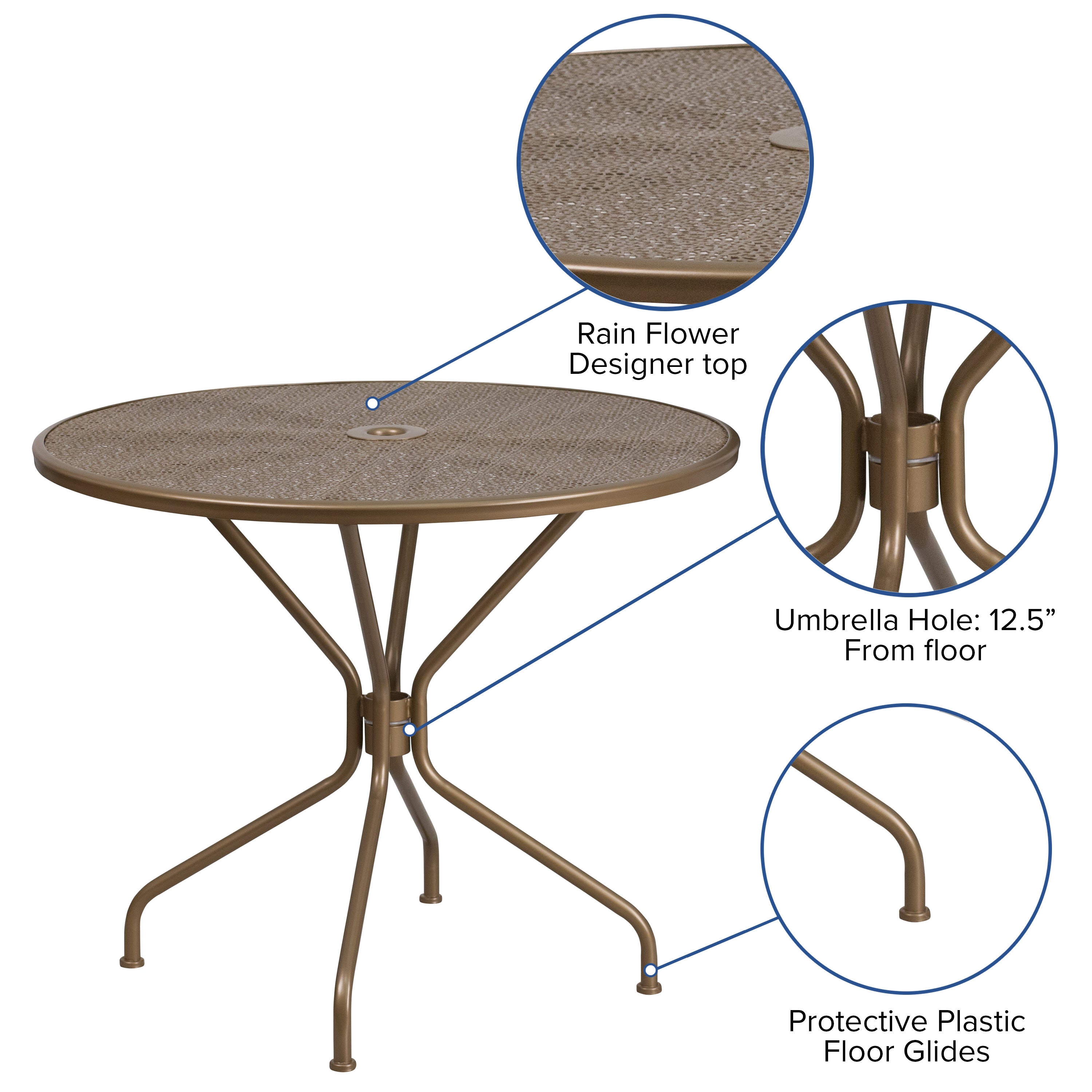 Oia Commercial Grade 35.25" Round Gold Indoor-Outdoor Steel Patio Table with Umbrella Hole