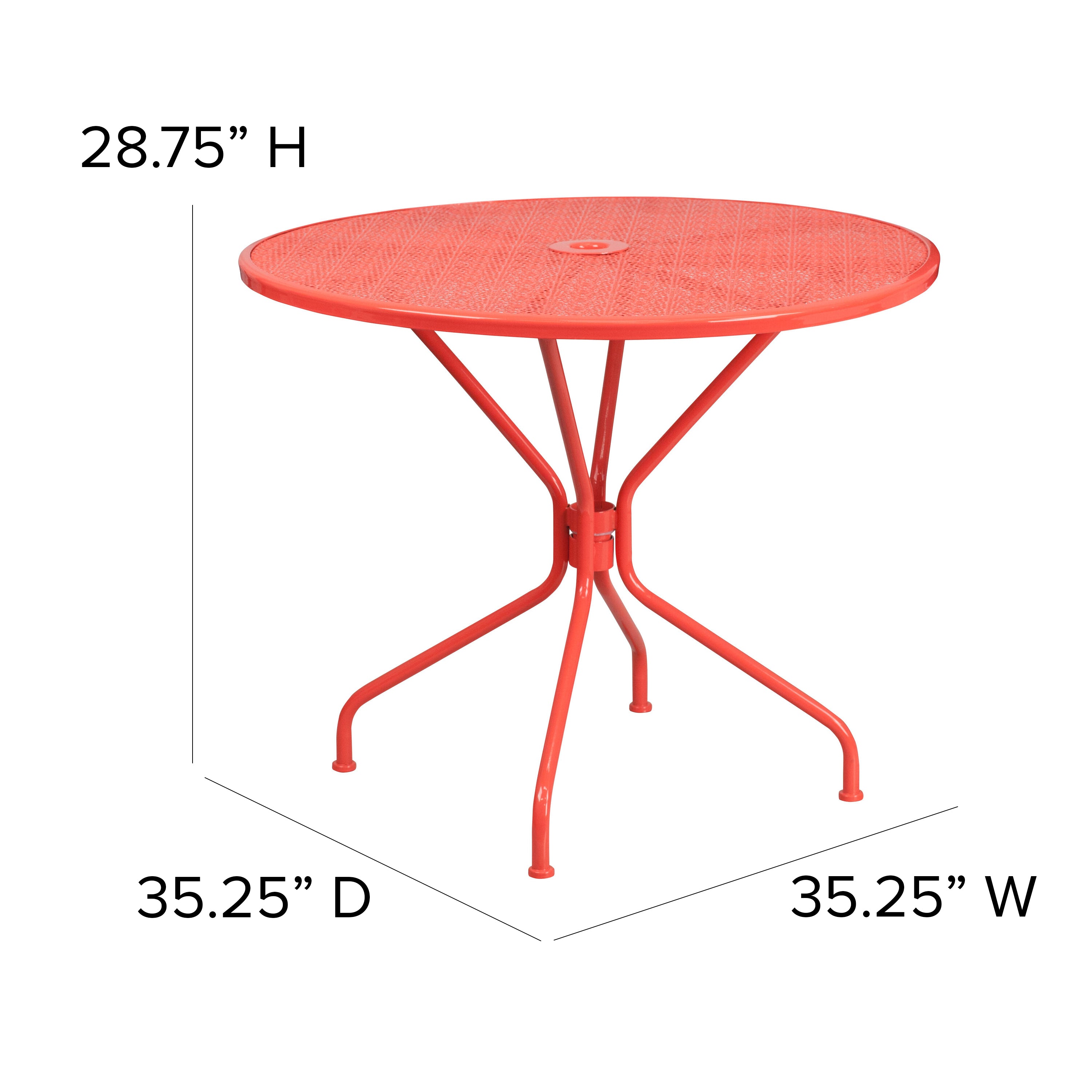 Oia Commercial Grade 35.25" Round Coral Indoor-Outdoor Steel Patio Table with Umbrella Hole