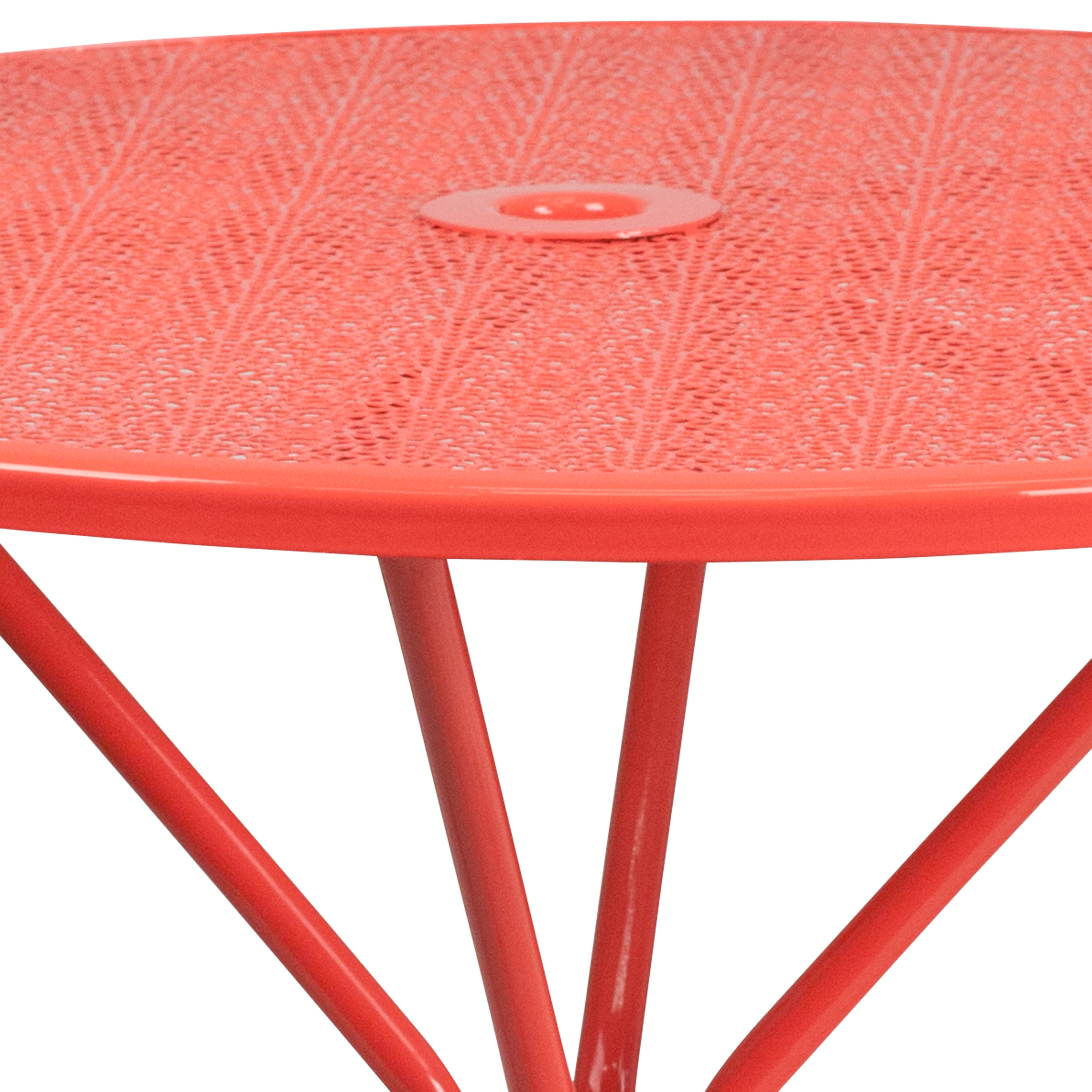 Oia Commercial Grade 35.25" Round Coral Indoor-Outdoor Steel Patio Table with Umbrella Hole