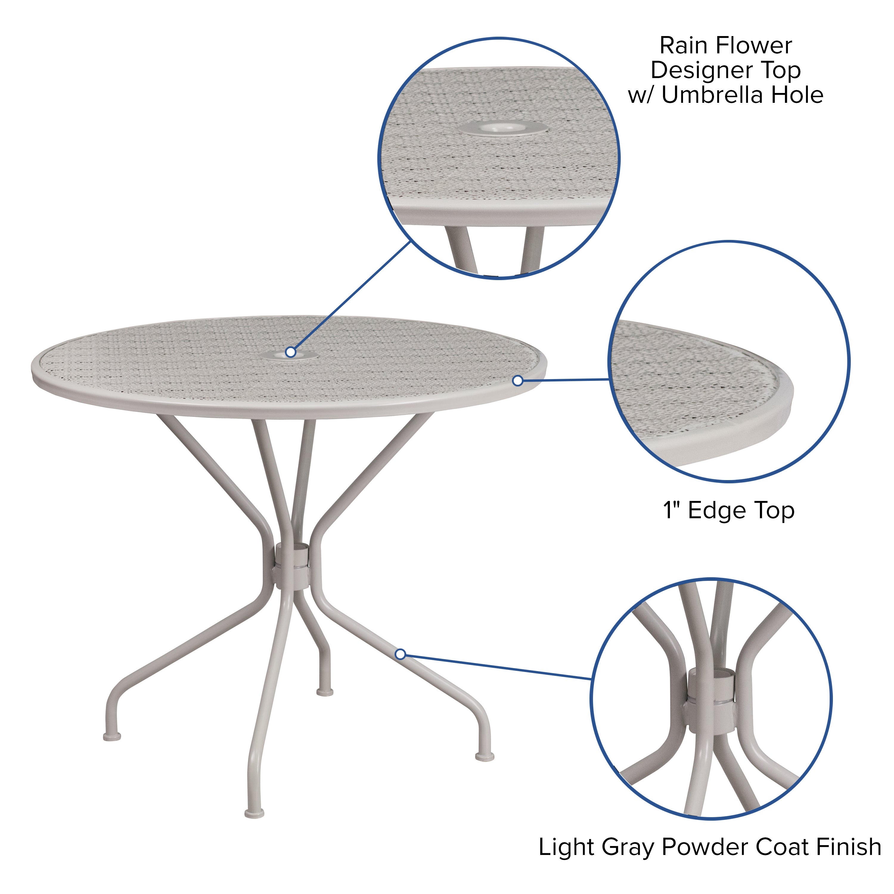 Oia Commercial Grade 35.25" Round Light Gray Indoor-Outdoor Steel Patio Table with Umbrella Hole