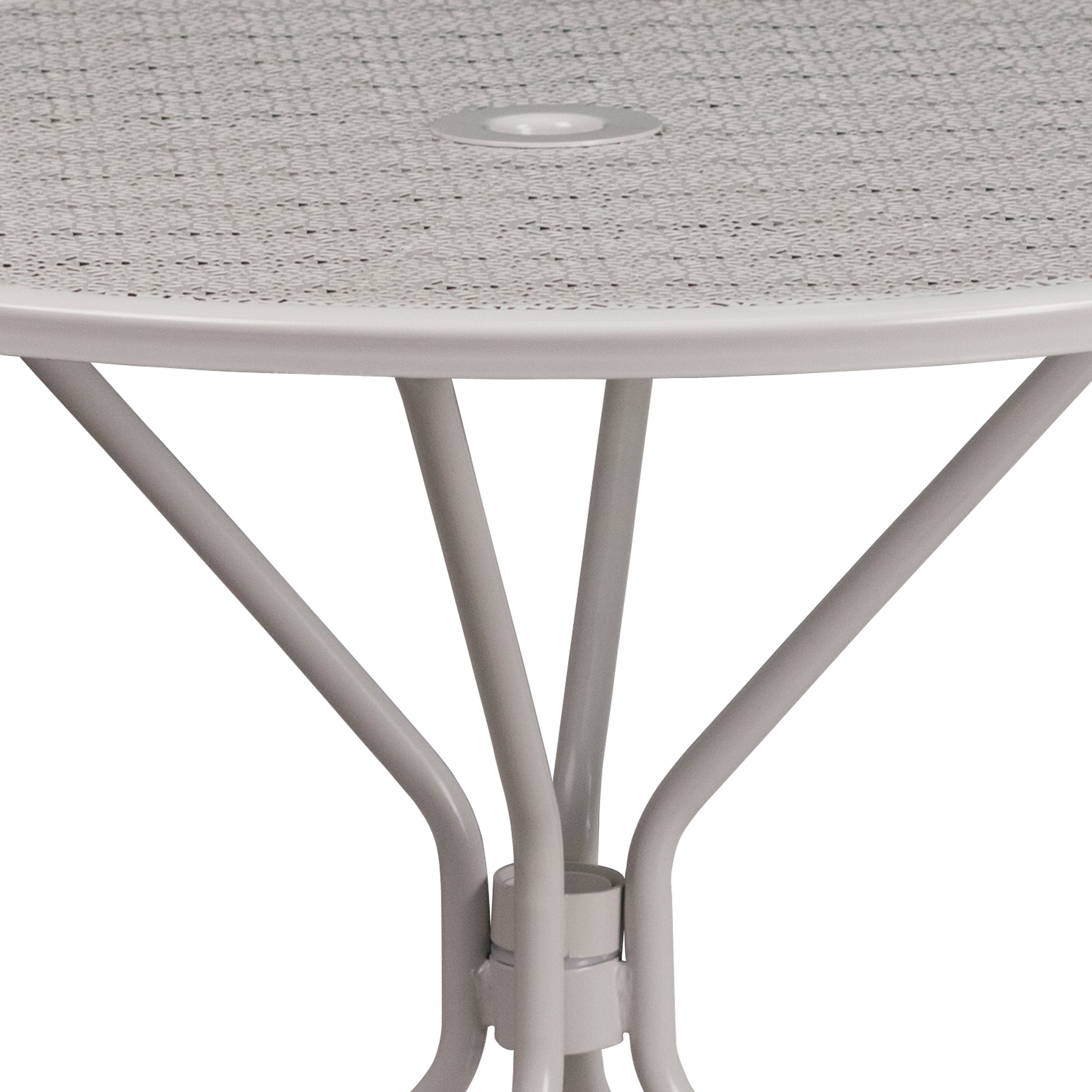 Oia Commercial Grade 35.25" Round Light Gray Indoor-Outdoor Steel Patio Table with Umbrella Hole