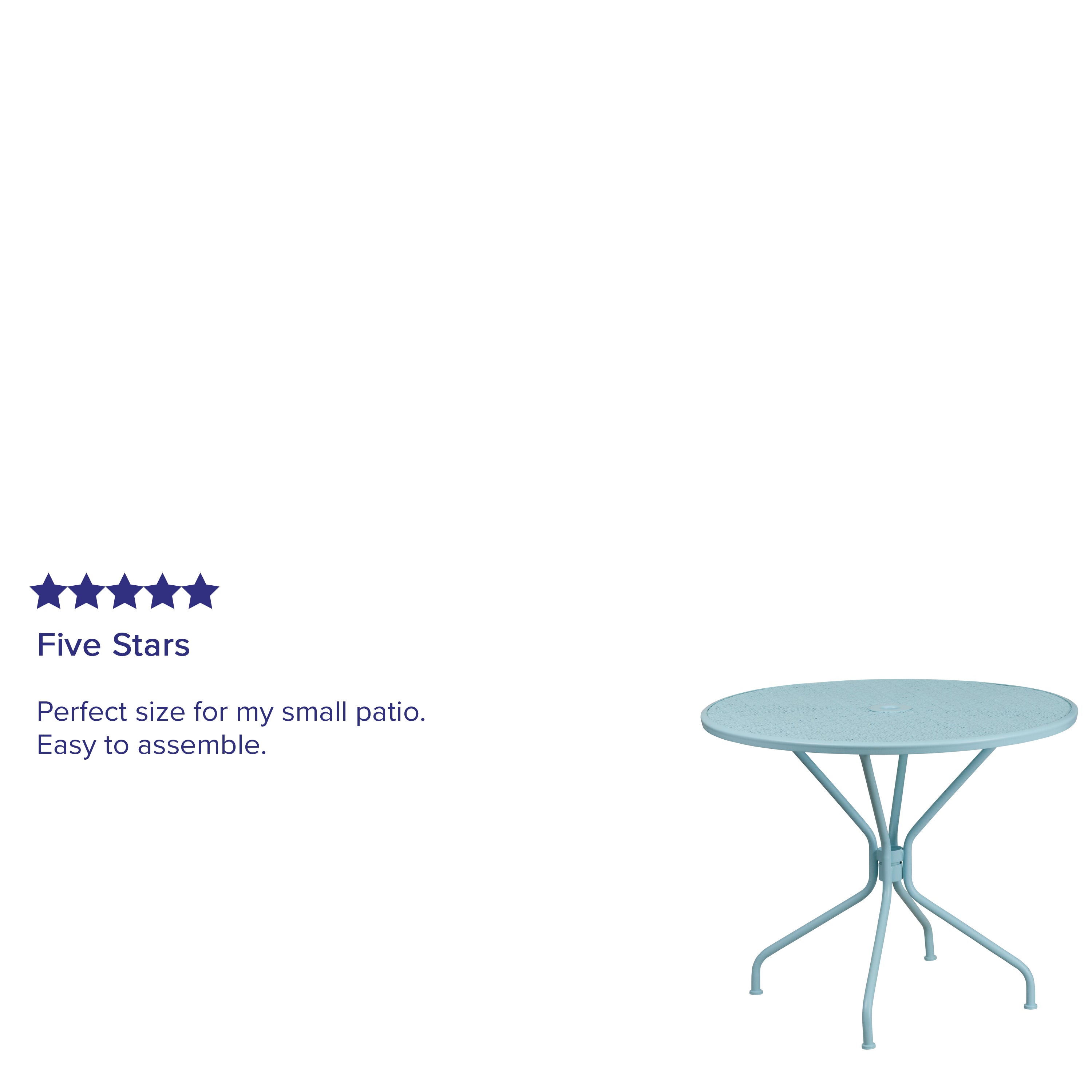 Oia Commercial Grade 35.25" Round Sky Blue Indoor-Outdoor Steel Patio Table with Umbrella Hole