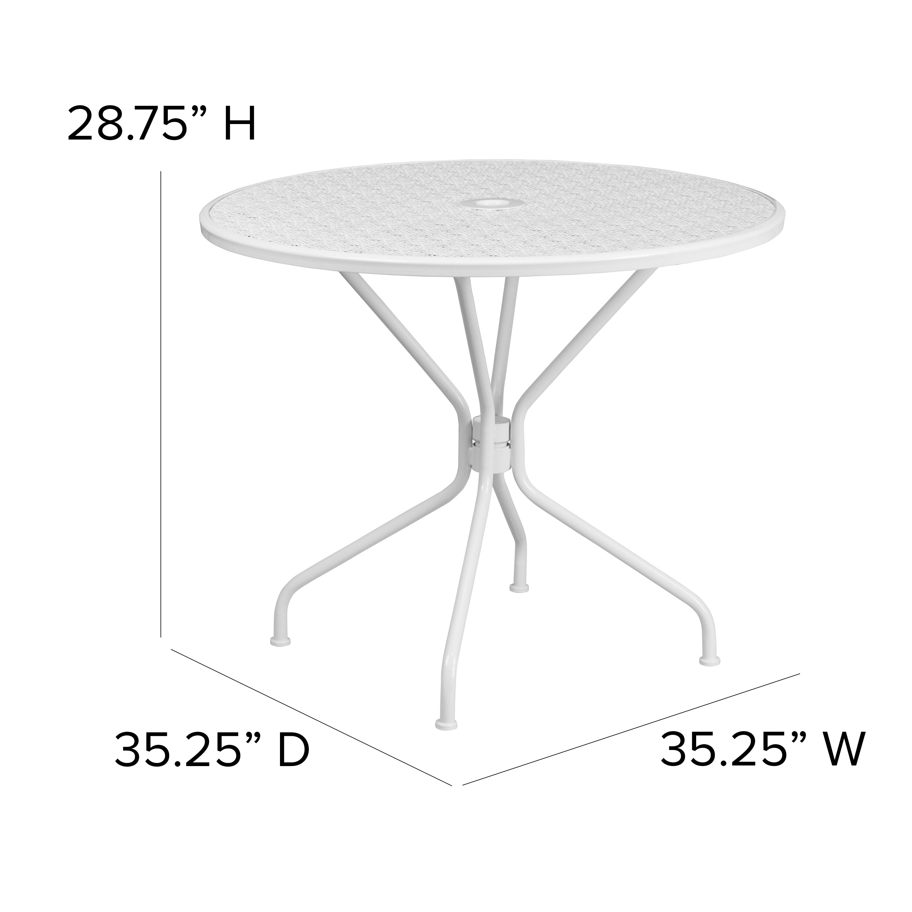 Oia Commercial Grade 35.25" Round White Indoor-Outdoor Steel Patio Table with Umbrella Hole