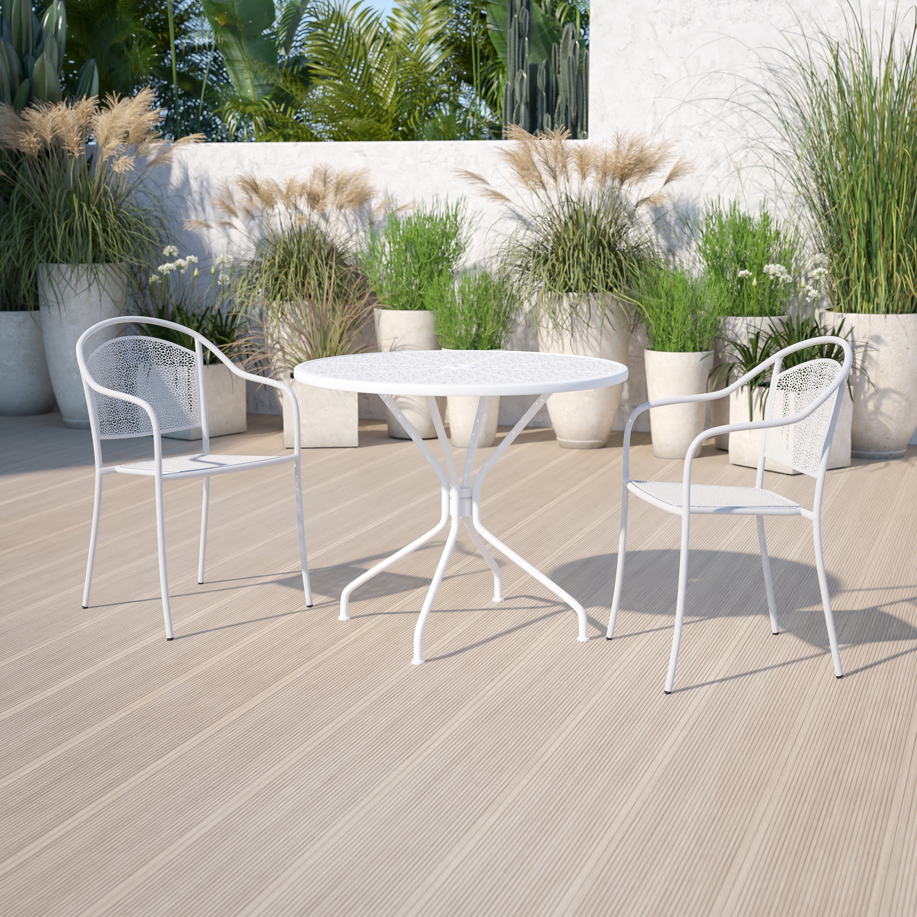 Oia Commercial Grade 35.25" Round White Indoor-Outdoor Steel Patio Table with Umbrella Hole