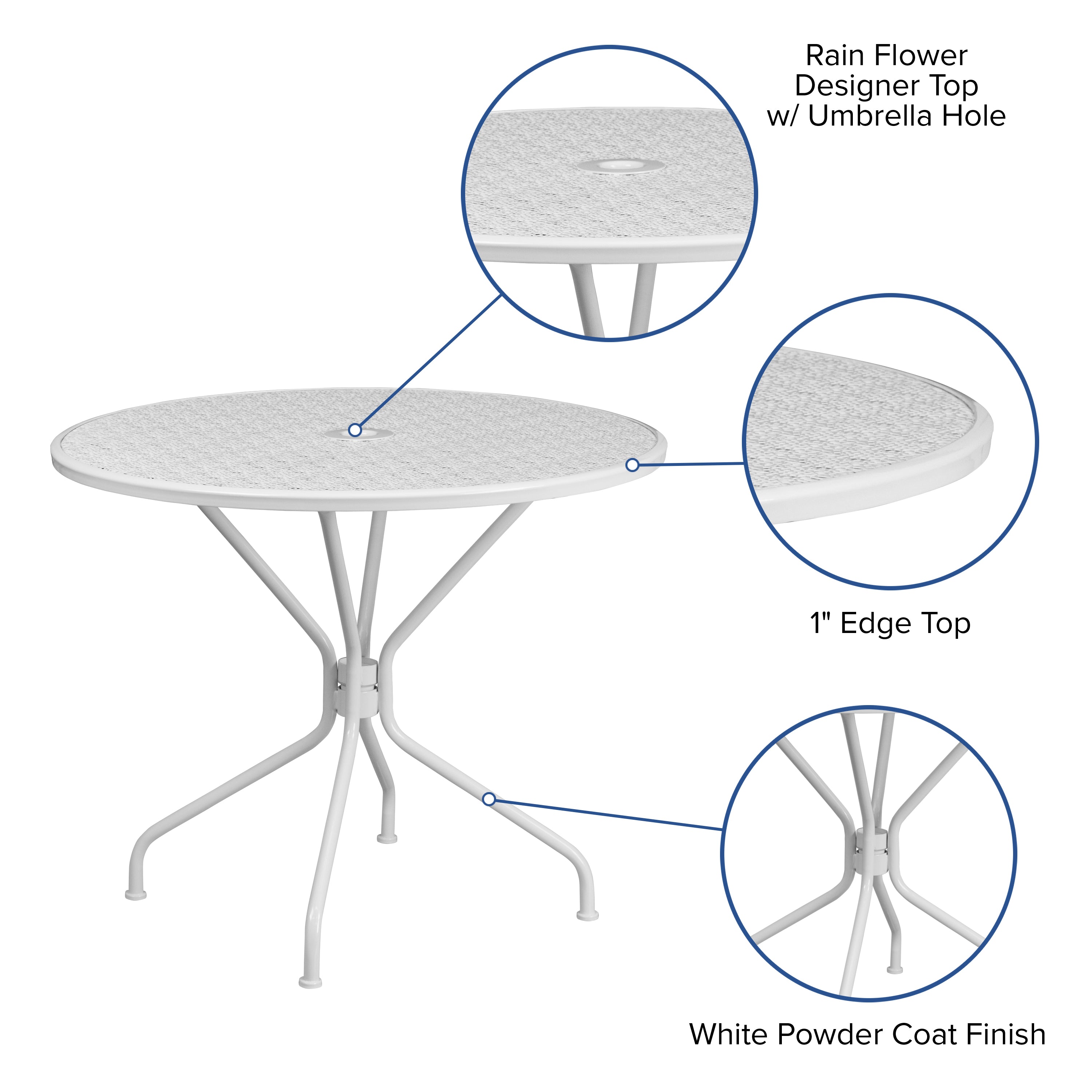 Oia Commercial Grade 35.25" Round White Indoor-Outdoor Steel Patio Table with Umbrella Hole