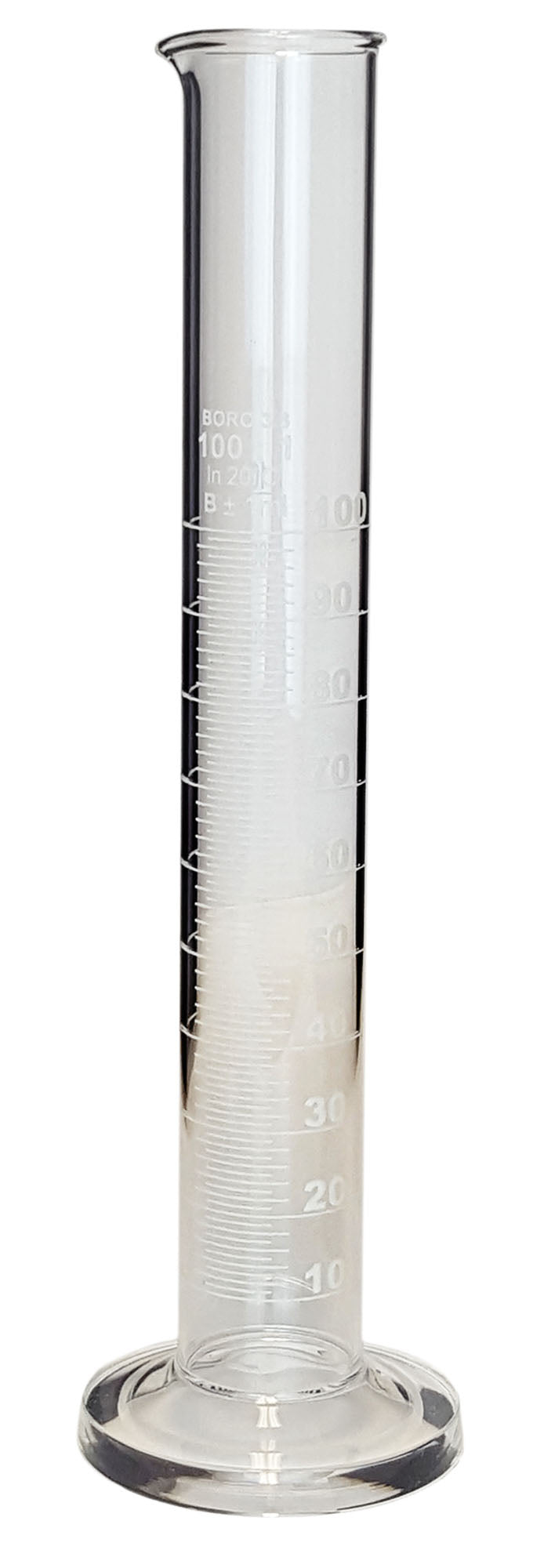 Cylinder Single Scale 100ml. Borosilicate Glass, White Graduations.