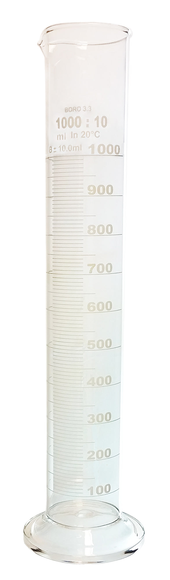 Cylinder Single Scale 1000ml. Borosilicate Glass, White Graduations.