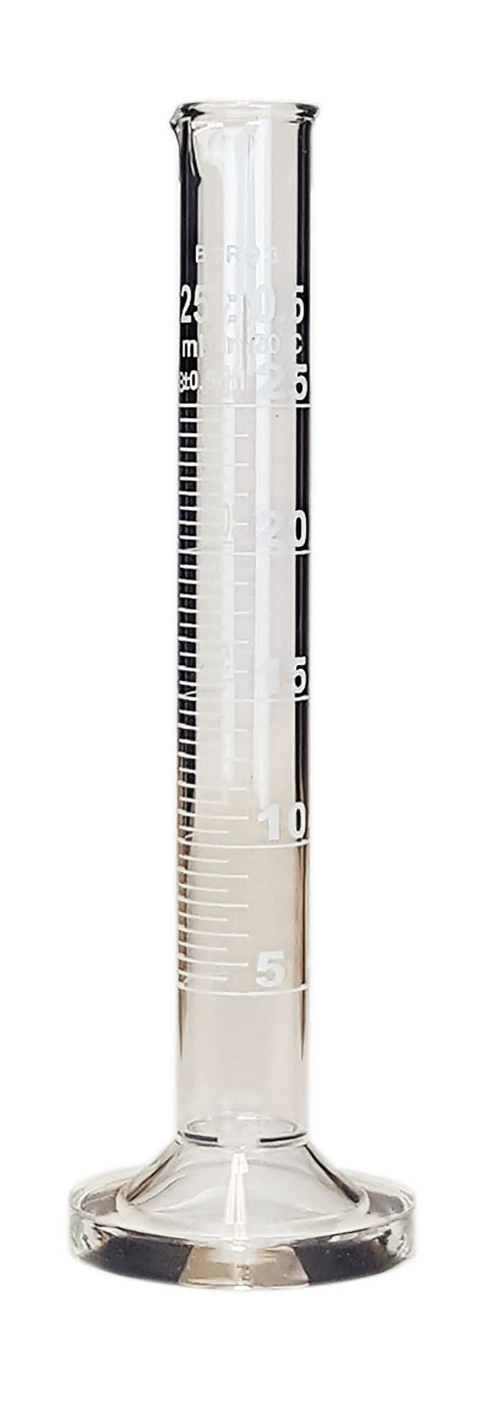 Cylinder Single Scale 25ml, Borosilicate Glass, White Graduations.