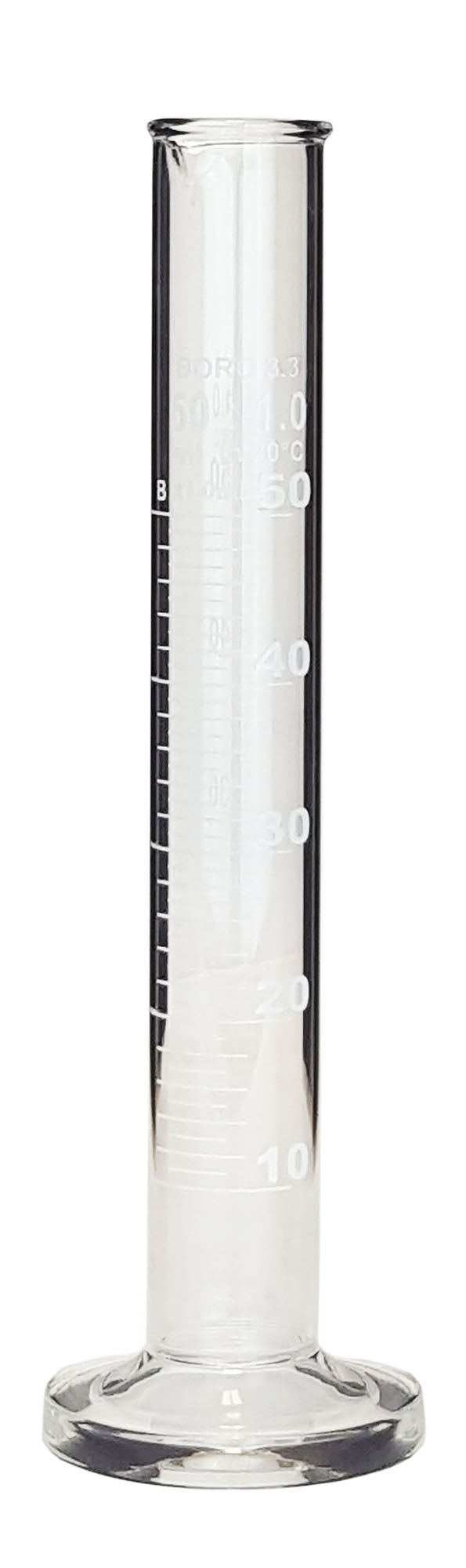 Cylinder Single Scale 50ml. Borosilicate Glass, White Graduations.