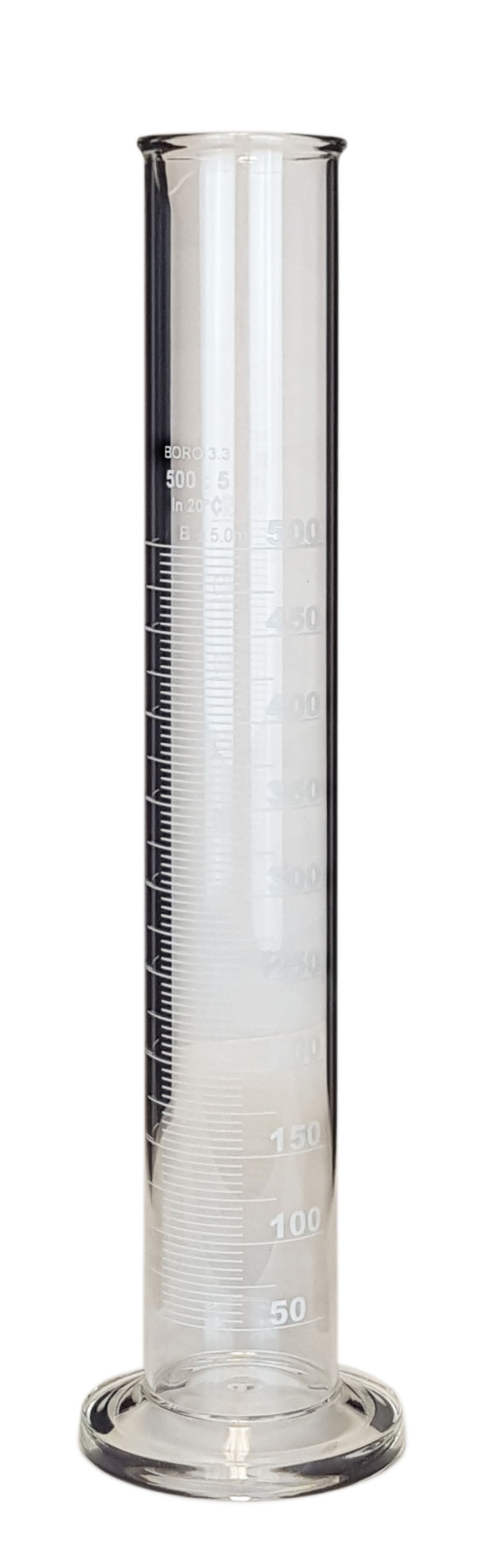 Cylinder Single Scale 500ml. Borosilicate Glass, White Graduations.