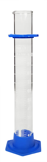 Cylinder 100ml Borosilicate Glass with plastic base and bumper guard.
