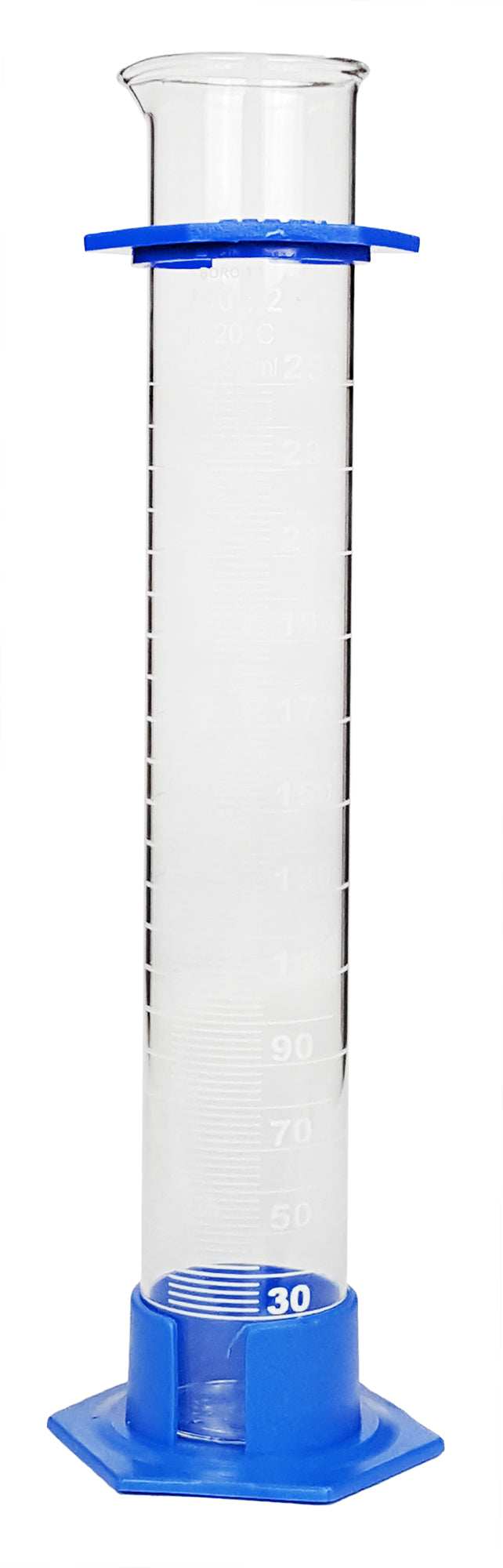 Cylinder 250ml Borosilicate Glass with plastic base and bumper guard. One per box.